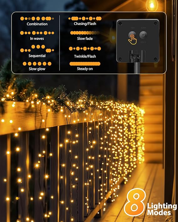 2 Pack 92FT Solar String Lights 240 LED Warm White Waterproof Patio Garden Lights