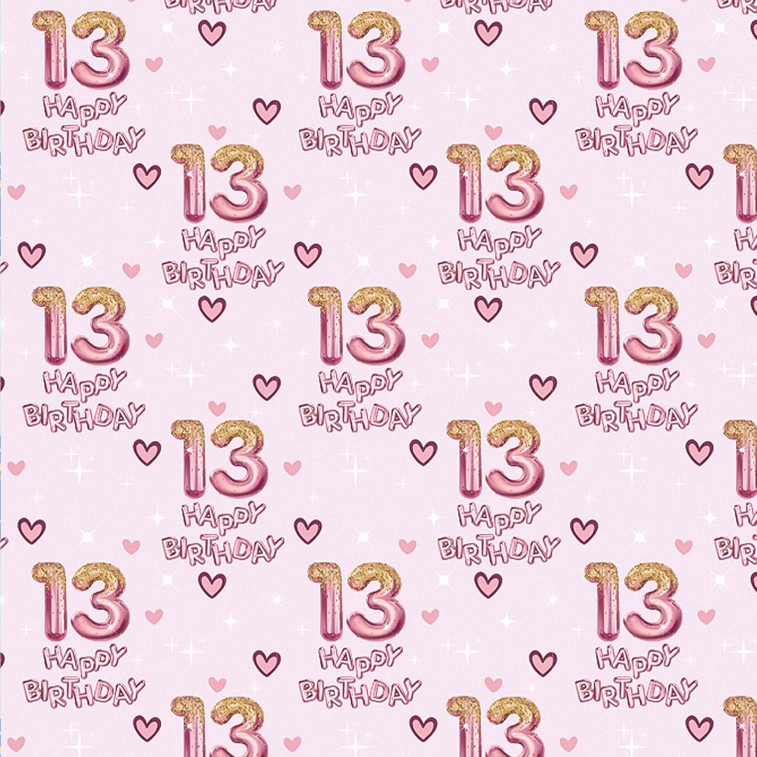 13Th Birthday Wrapping Paper Girls, Hearts And Pink Number 13 Balloons Happy Birthday Design, 13 Years Old, Mini Roll, 17 Inches X 16.4 Feet, Perfect For Girls' Birthday Party Gifts