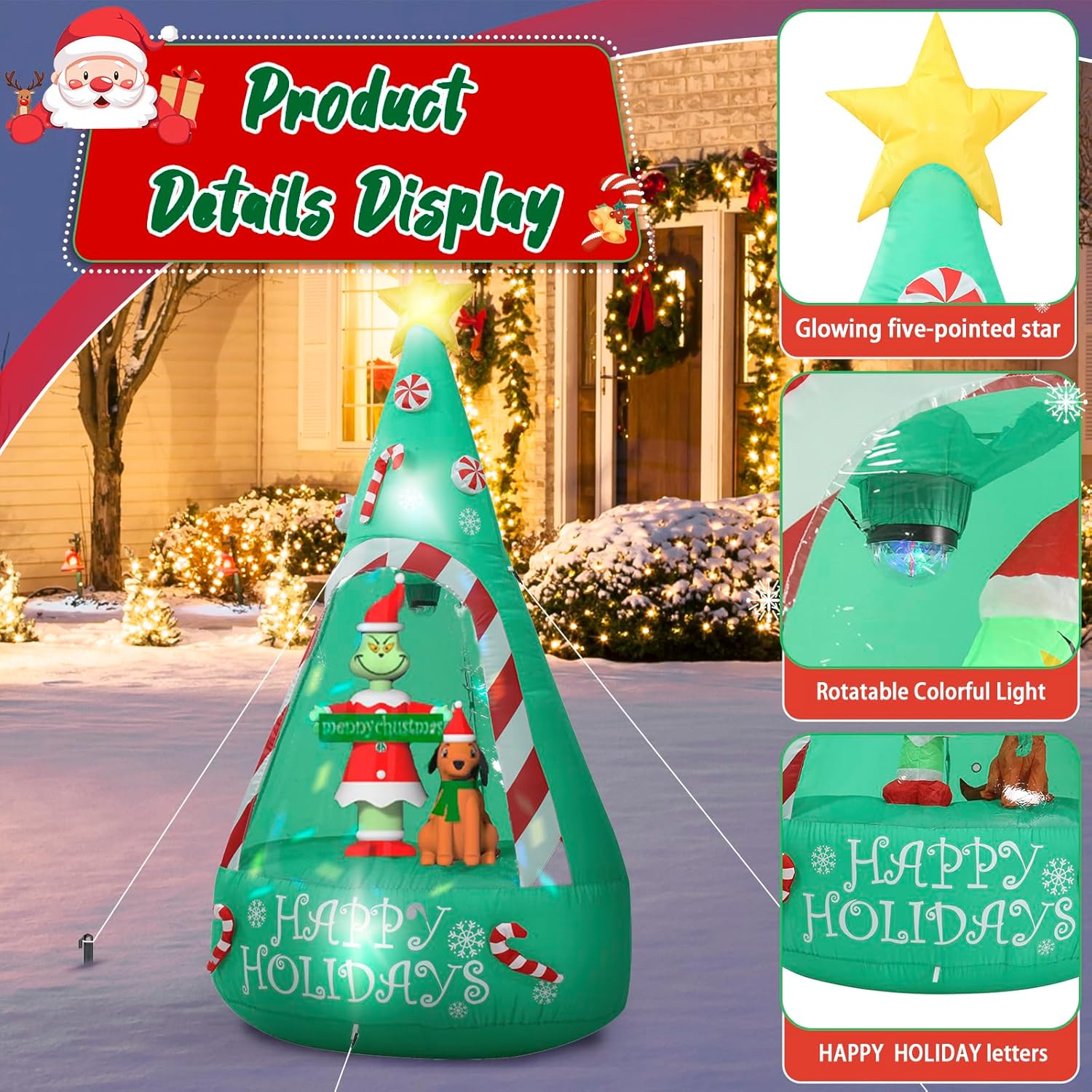 Christmas Green Big Monster Inflatable Decorations, 6Ft Light Up Christmas Inflatable Tree Outdoor Decorate Build-In 5 L