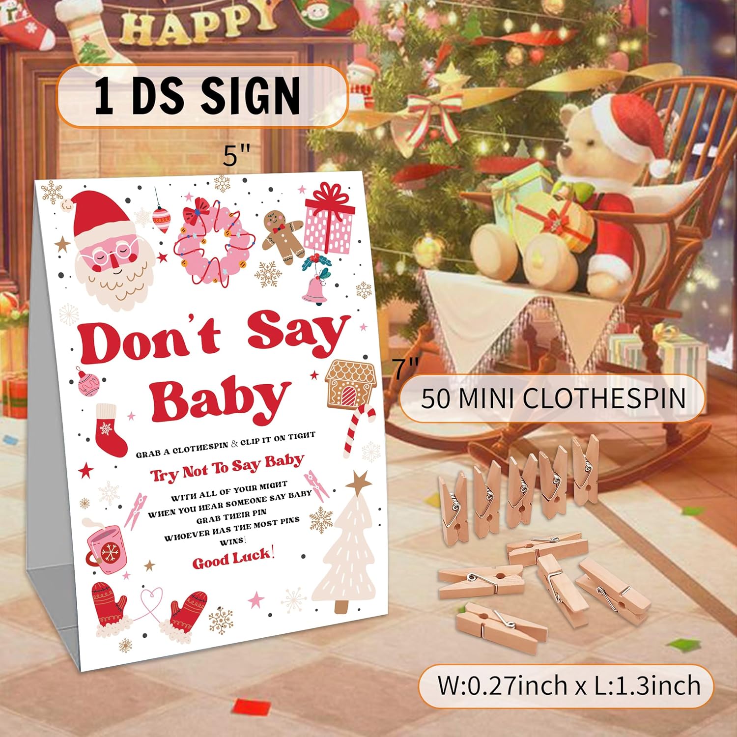 Christmas Don'T Say Baby Set - One 5X7 Sign And 50 Mini Clothespins, Christmas Theme Baby Shower Game, Baby Shower Party Supplies, Baby Shower Decoration- Sd06