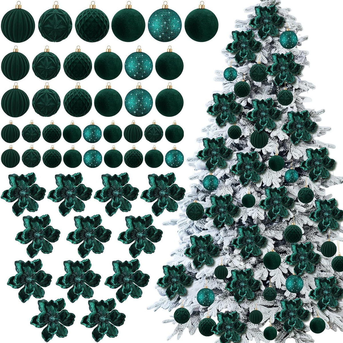 48 Pcs Christmas Tree Decoration Set 12 Glitter Poinsettia Magnolia Artificial Flower Picks 36 Velvet Christmas Ball Ornaments Hanging Decor Shatterproof For Xmas New Year Wedding Party Holiday(Green)