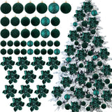 48 Pcs Christmas Tree Decoration Set 12 Glitter Poinsettia Magnolia Artificial Flower Picks 36 Velvet Christmas Ball Ornaments Hanging Decor Shatterproof For Xmas New Year Wedding Party Holiday(Green)