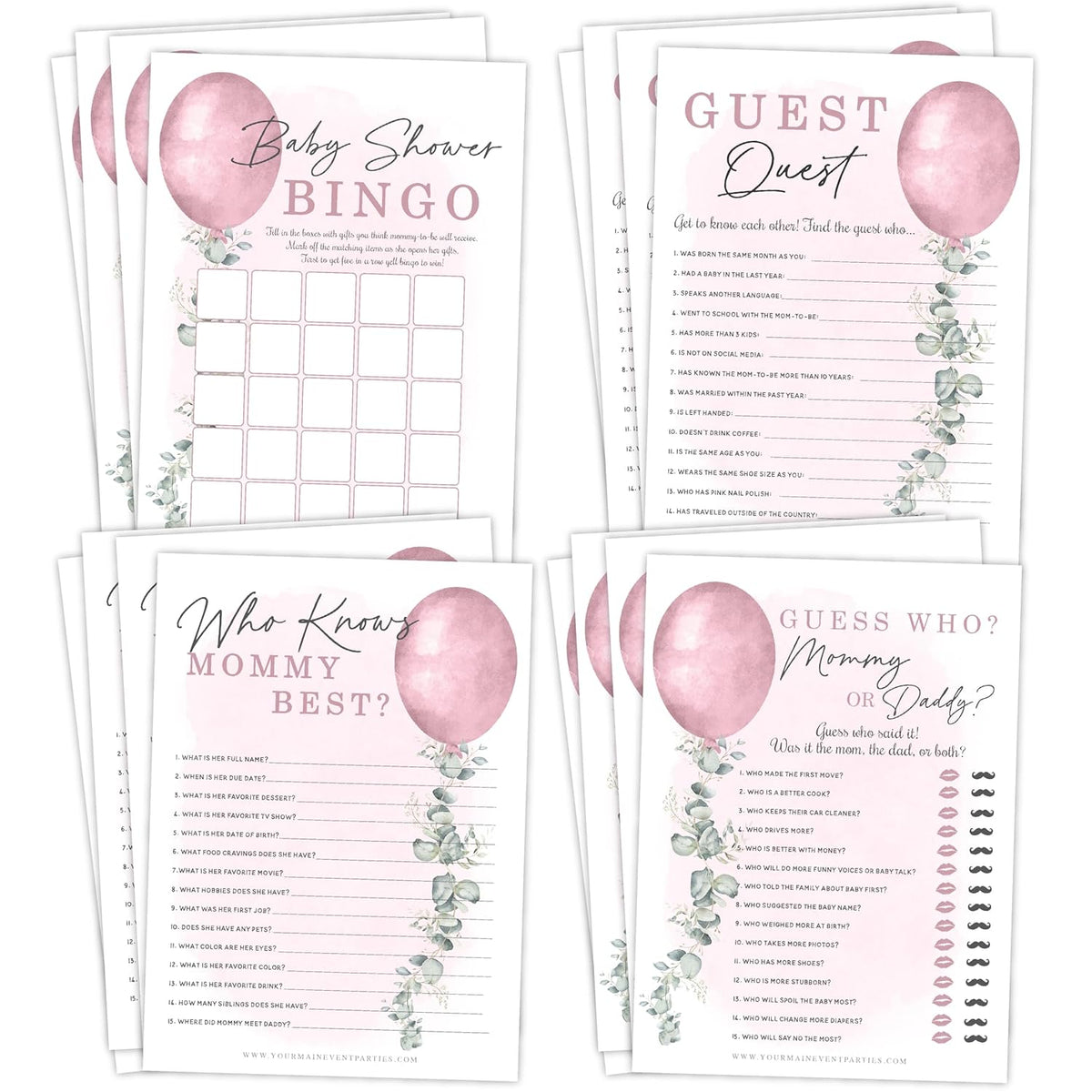 Girl Baby Shower Games Bundle, Who Knows Mommy Best, Bingo, Guest Quest, Fun Baby Shower Games And Activities