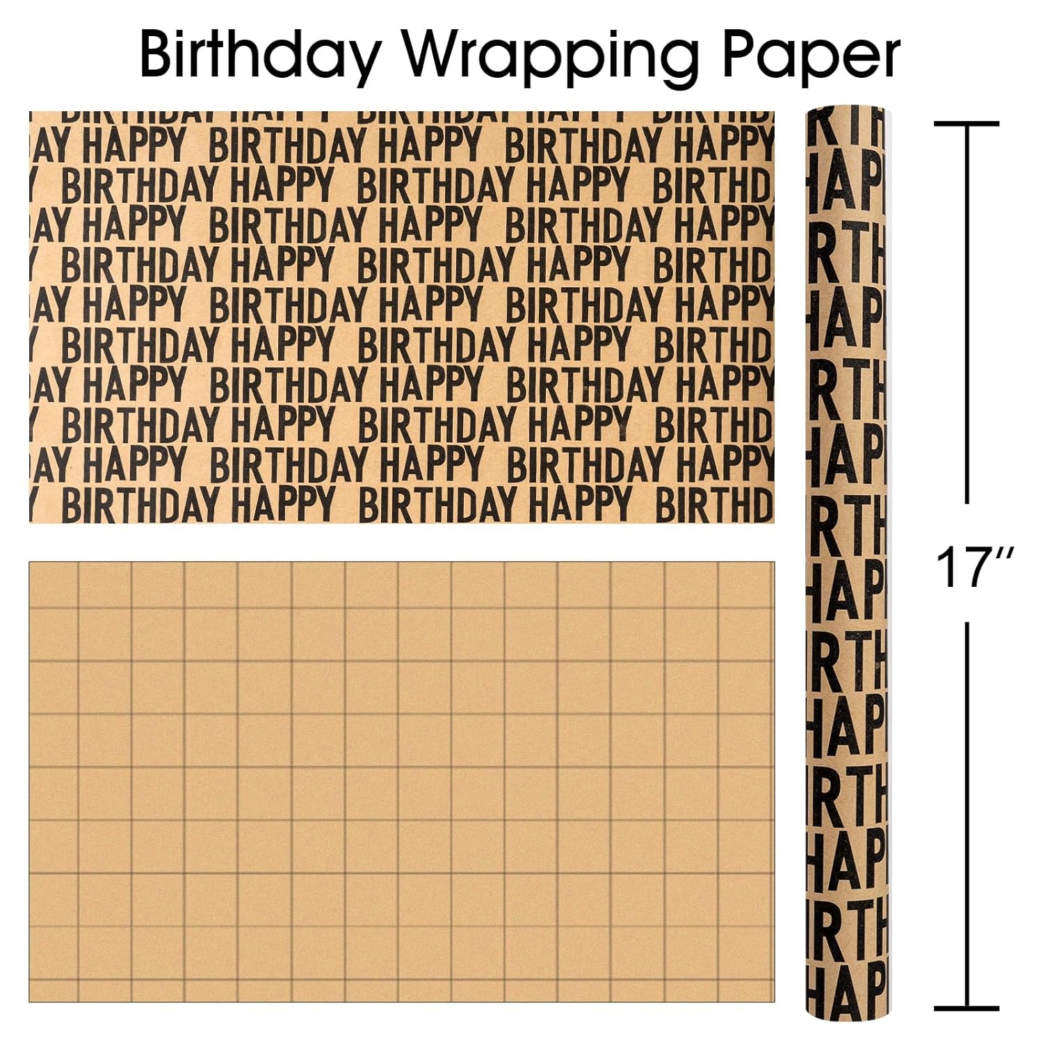 Birthday Wrapping Paper Rroll, Happy Birthday Kraft Gift Wrap For Boys Girls Men Women 17 In X 33 Ft