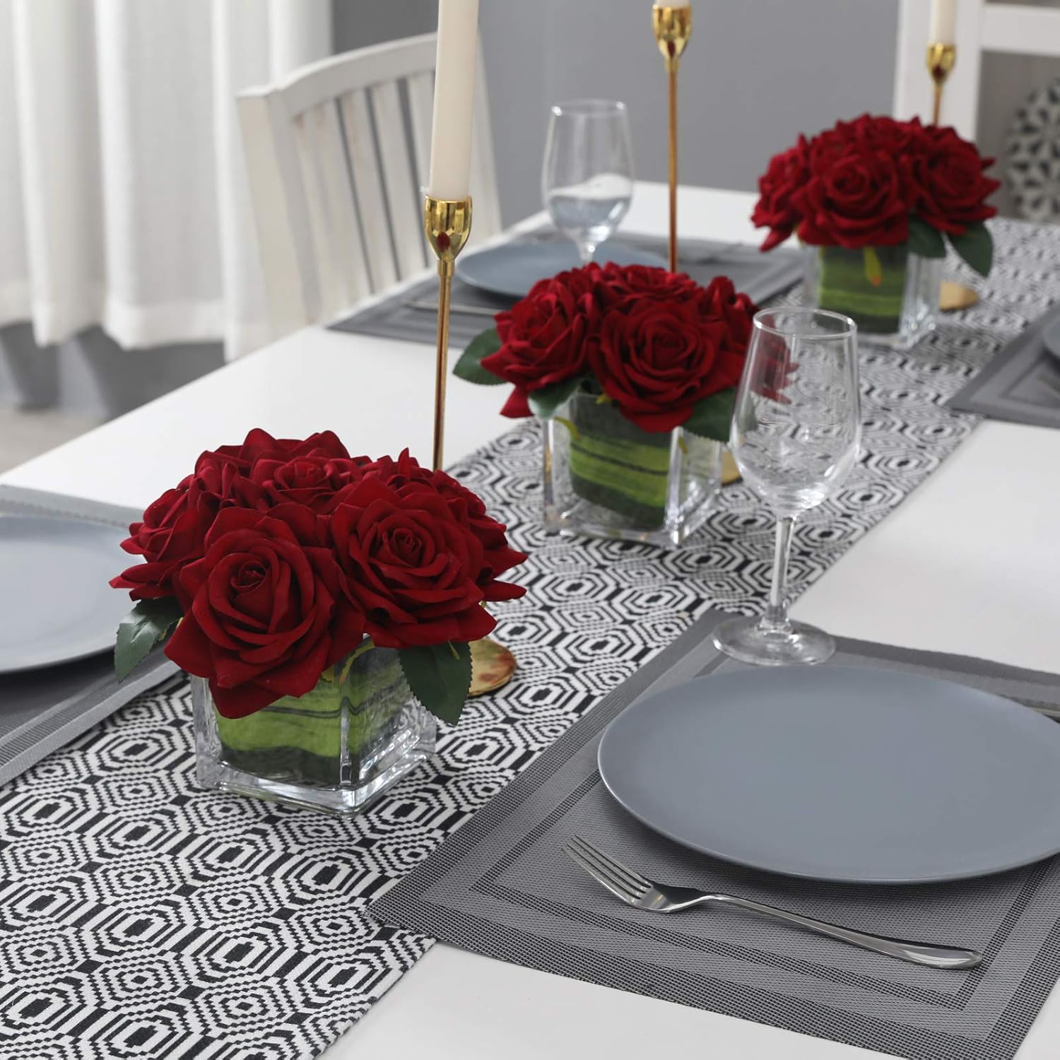 Artificial Velvet Rose Flower Centerpiece Arrangement In Vase For Home Wedding Decoration (Burgundy)