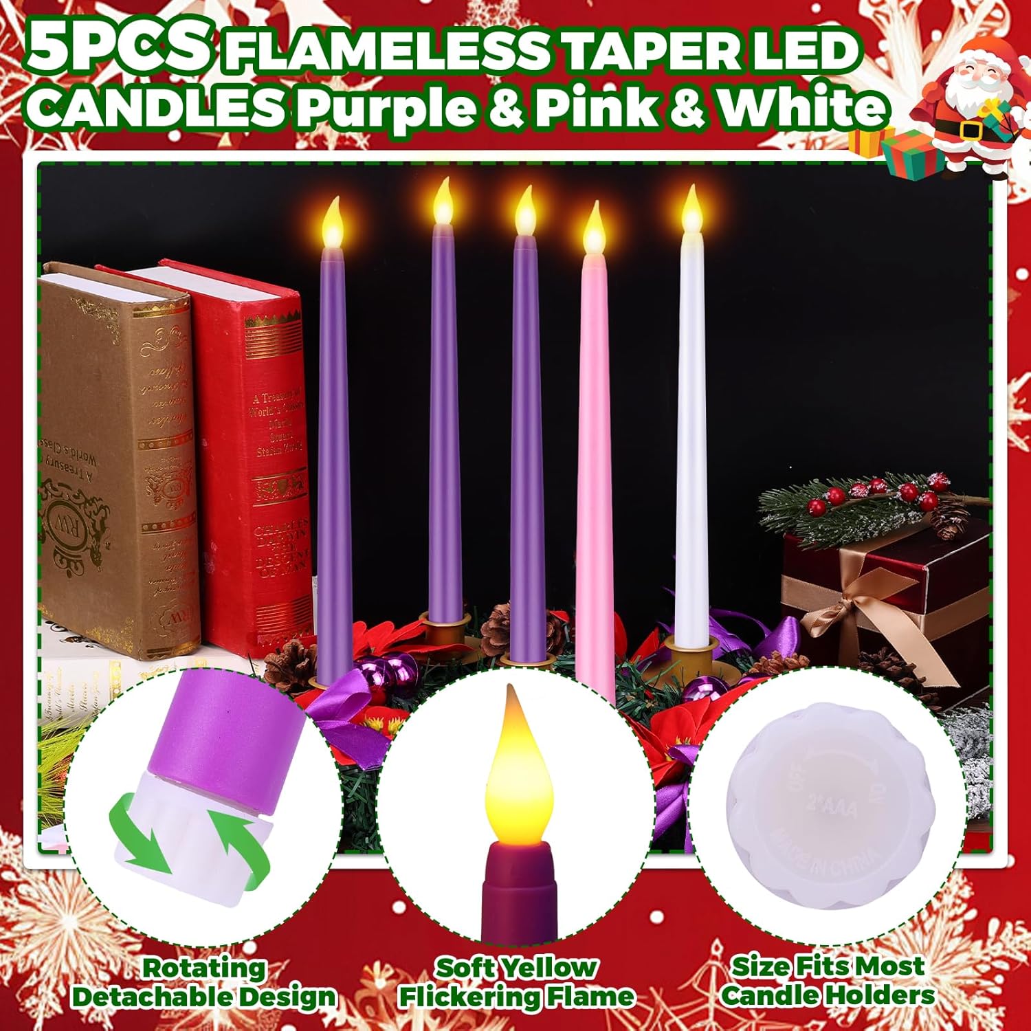 11Inch Christmas Advent Wreath 5 Flameless Taper Candles Set, Advent Wreath With Ribbon Pine Cones Poinsettias Purple Pink White Flameless Advent Candles For Christmas Centerpiece Table Xmas Decor