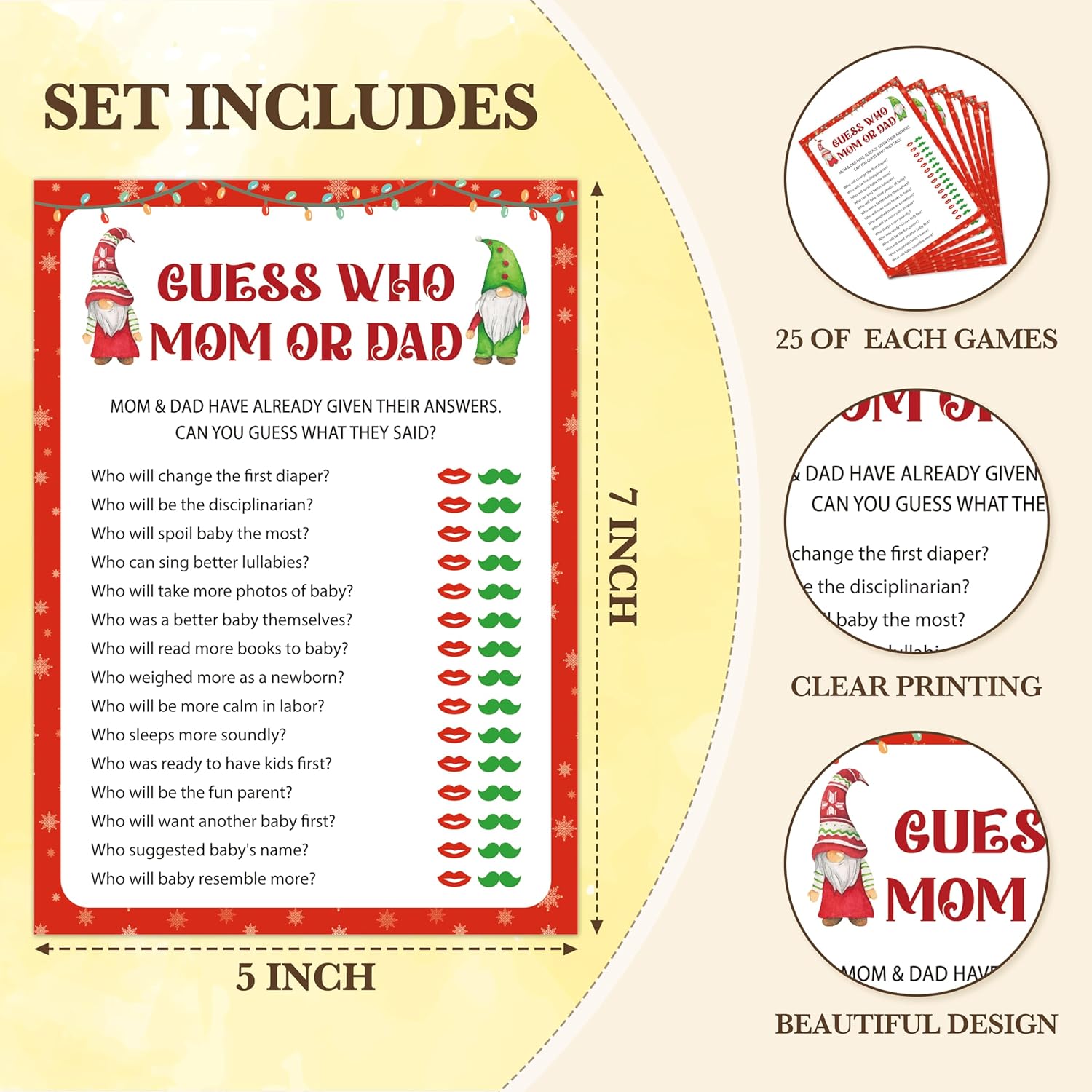 Christmas Baby Shower Games, Find Who Mom Or Dad Themed Gender Reveal Party Game, Winter Festival Game Cards With Santa Gnomes Design, Xmas Baby Shower Games, Holiday Party Supplies -04