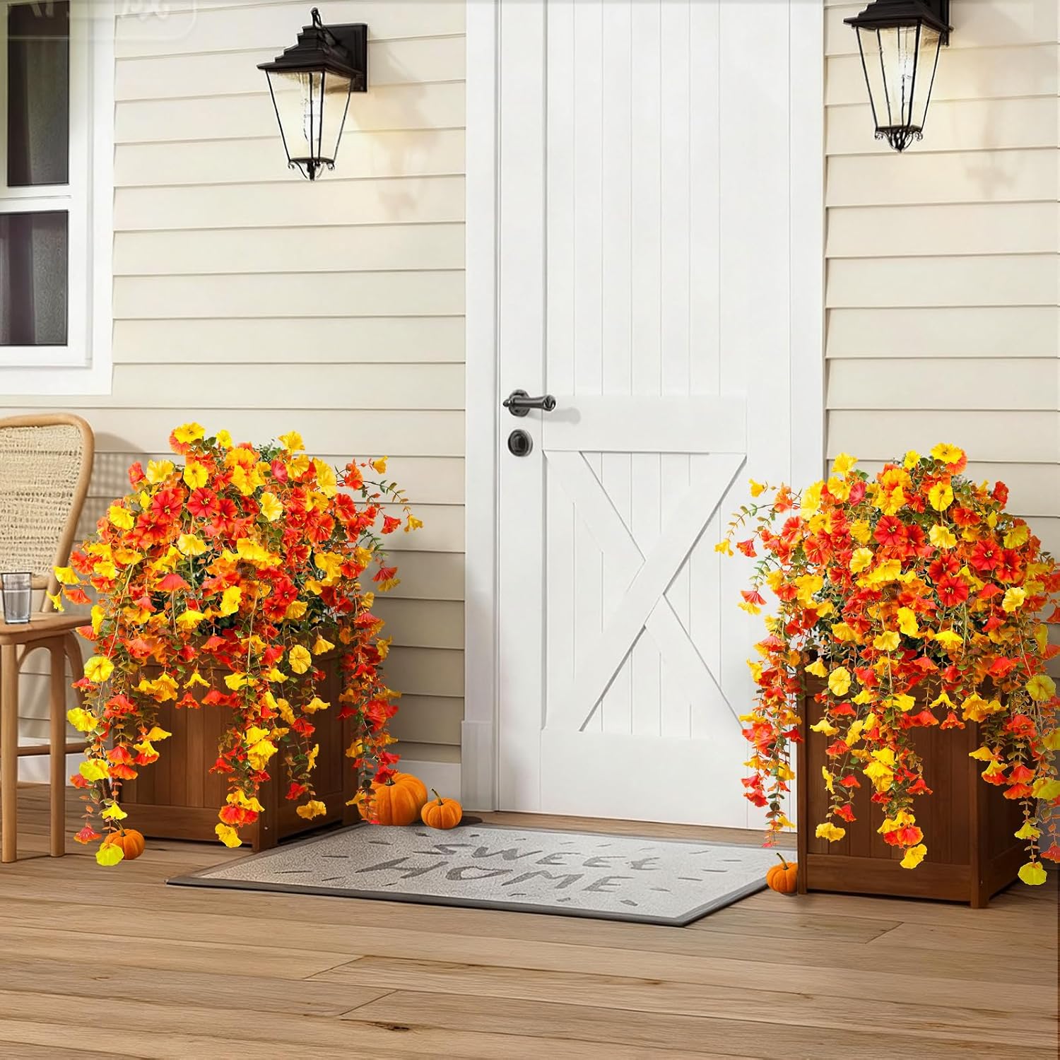 Artificial Flowers For Outdoors Fall Hanging, 4-Pack Artificial Morning Glory Includes 180 Flowers, Uv-Resistant Faux Silk Fake Realistic Plants For Home Garden Porch Patio Balcony Planter Yard