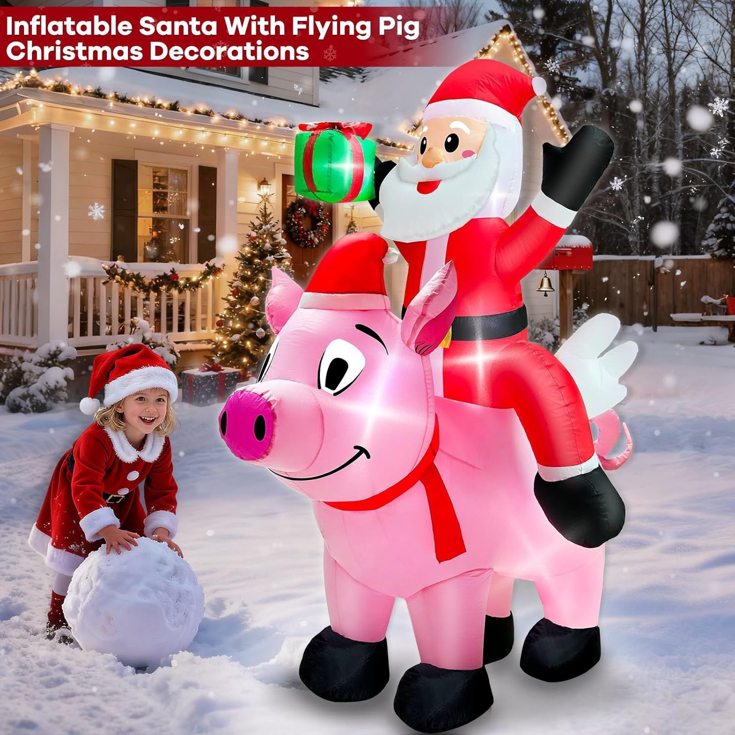 6 Ft Christmas Inflatable Outdoor Decoration, Lighted Farm Christmas Inflatables Santa Ride On Flying Pig With Built In