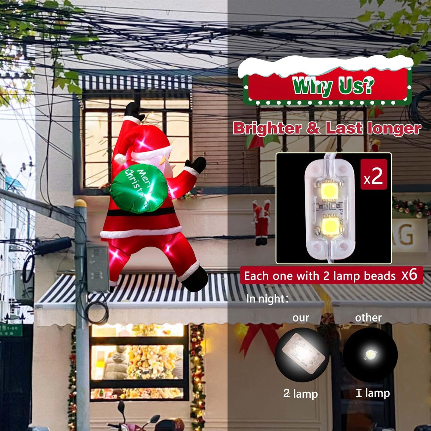 6Ft Christmas Inflatables Outdoor Decorations Joy Hanging Santa Claus Gift Bag, Very Bright Led Lights Blow Up Giant Chr