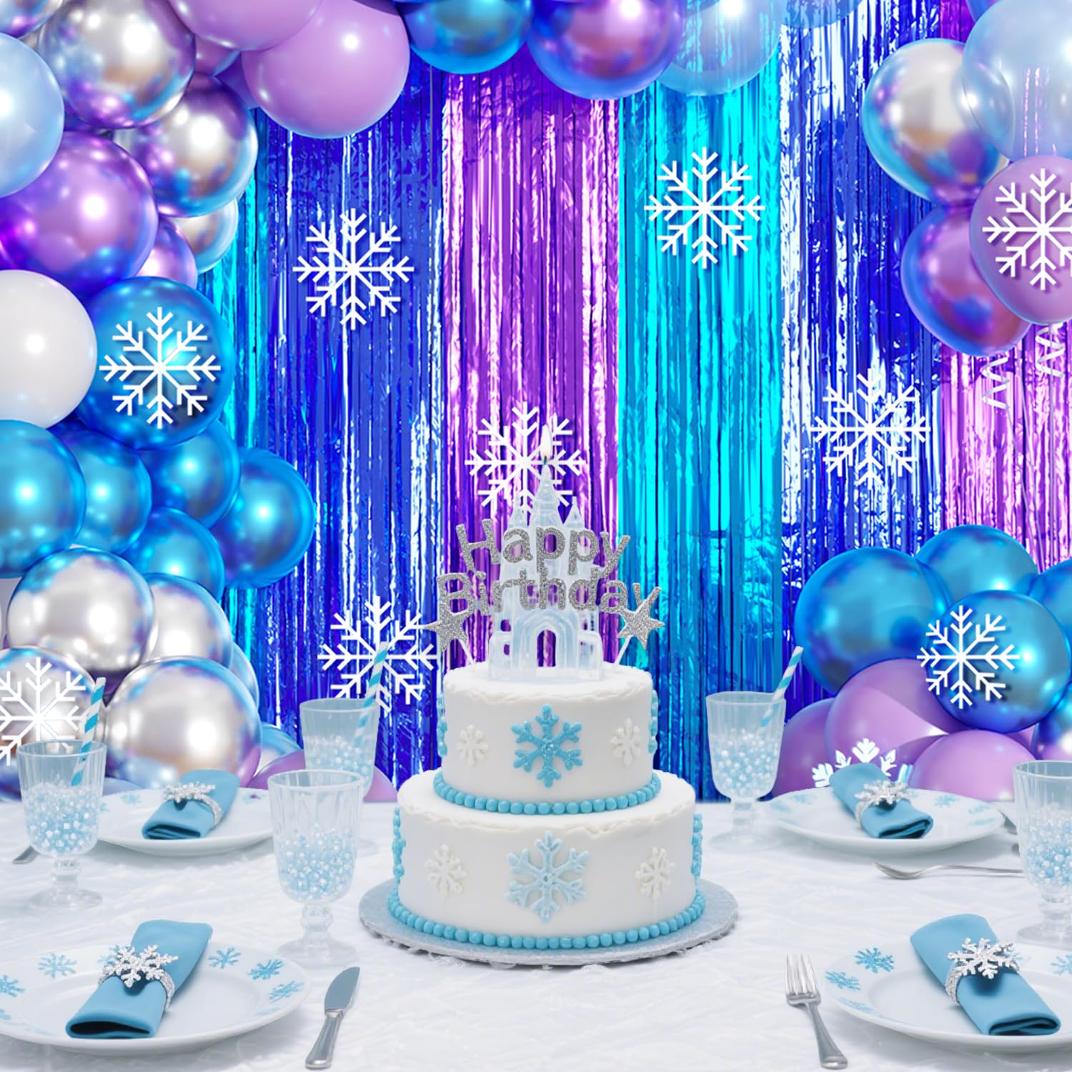 Winter Wonderland Balloon Garland Arch Kit Birthday Party Decorations, Blue Purple Foil Fringe Curtains Backdrop Tinsel Streamer Photo Booth Props For Girls Winter Christmas Snow Party Decor Supplies