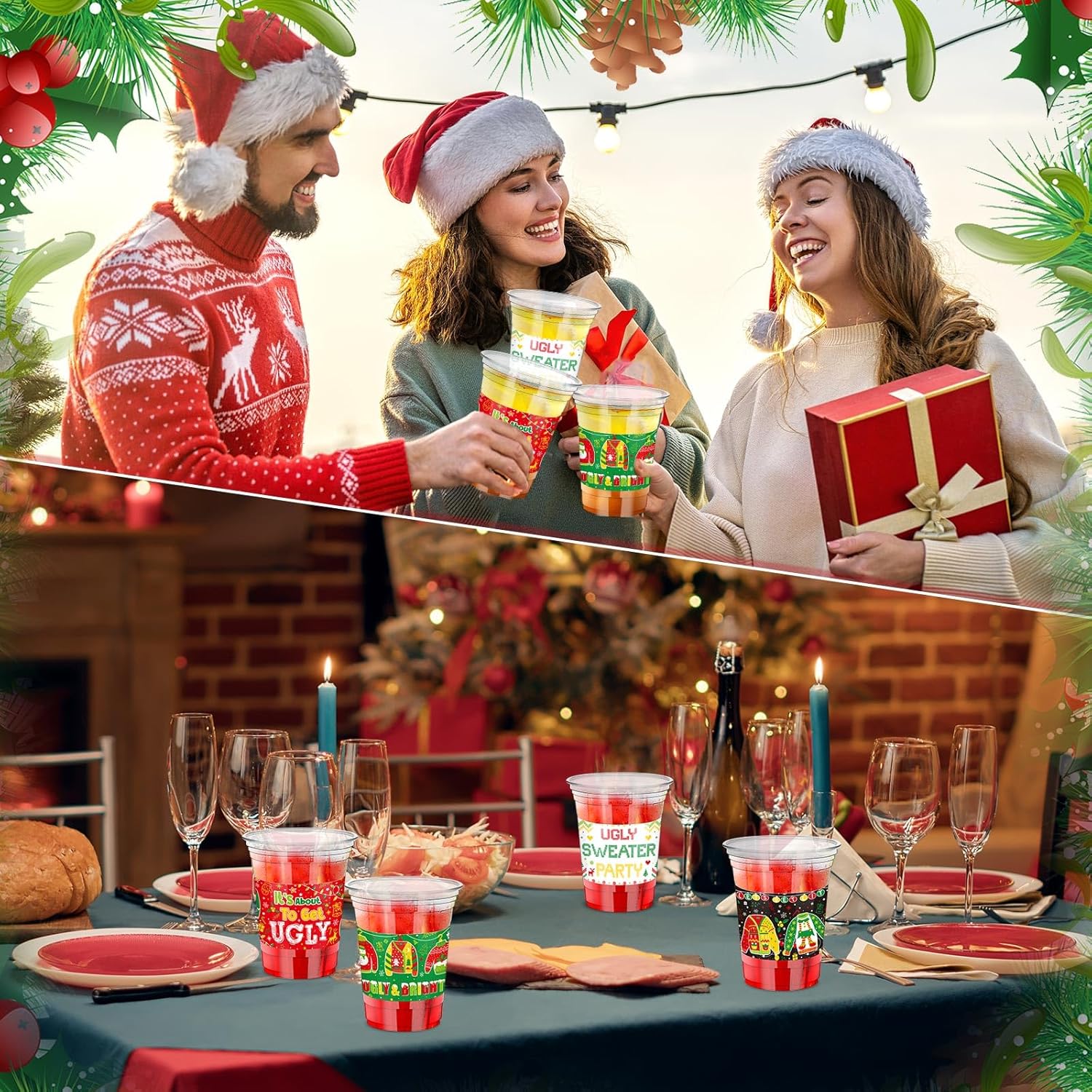 100 Pcs 12 Oz Christmas Ugly Sweater Plastic Cups With Straws Christmas Disposable Plastic Cups Winter Xmas Holiday Party Cup Bulk For Merry Christmas Party Supplies Xmas Party Decorations