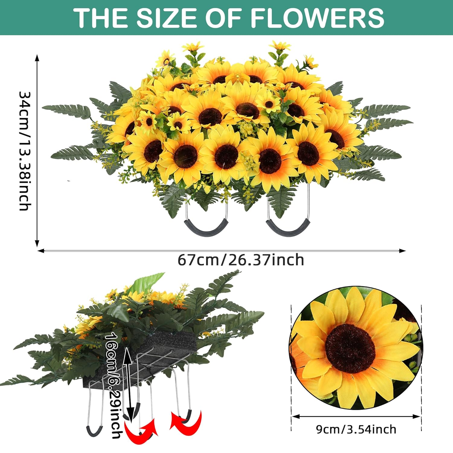 Artificial Cemetery Flowers For Grave,Headstone Flower Saddle Silk Sunflowers Grave Flowers For Cemetery Memorial For Outdoor Gravesite Decoration (Yellow)