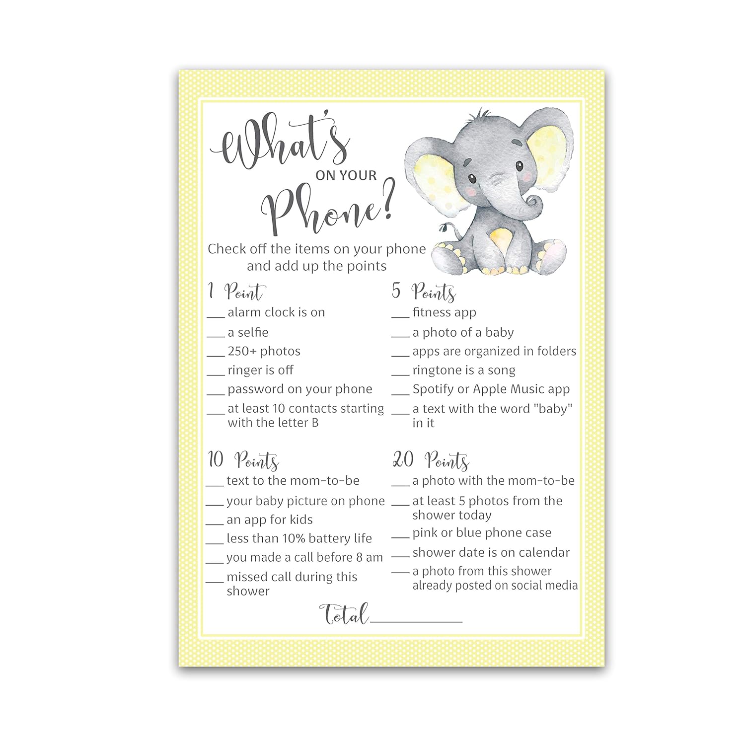 Gender Neutral Baby Shower Games — What'S On Your Phone Game — Pack Of 25 — Cute Yellow Elephant Little Peanut Theme, Couples Shower Activity, Gender Reveal Party, Sprinkle, Sip & See G521-Phn