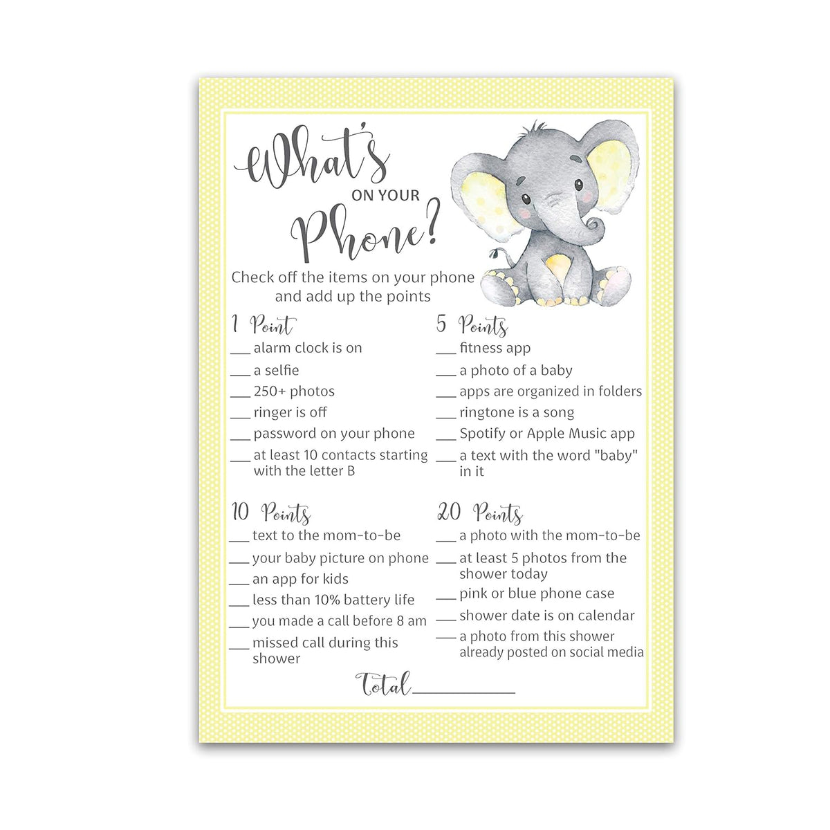 Gender Neutral Baby Shower Games — What'S On Your Phone Game — Pack Of 25 — Cute Yellow Elephant Little Peanut Theme, Couples Shower Activity, Gender Reveal Party, Sprinkle, Sip & See G521-Phn