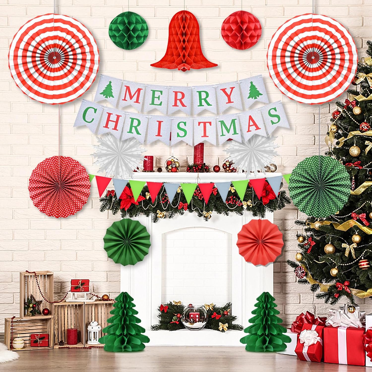 Christmas Party Decorations - Reusable Indoor Decor Kit With Merry Christmas Sign Banner, Pennant Banner & Hanging Paper Tissue Fan Tree Garland