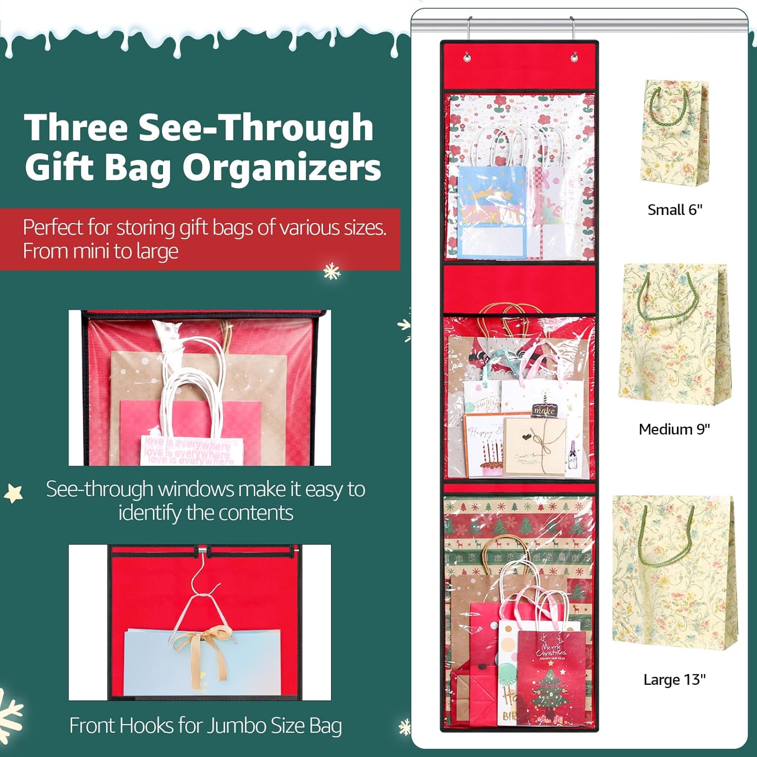 Wrapping Paper Organizer Storage, Double-Sided Hanging Gift Wrap Roll Holder For Christmas, 63"X13" Over Door Present Bag Container For Room Closet, Red Wrapper Station For Birthday