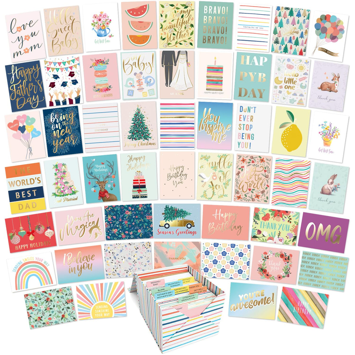 100 All Occasion Cards & Envelopes Set - Greeting Notecards Assortment Box - Birthday Cards Bulk For Office, Thank You, Holiday, Blank Notecards & More – Organizer Box Included