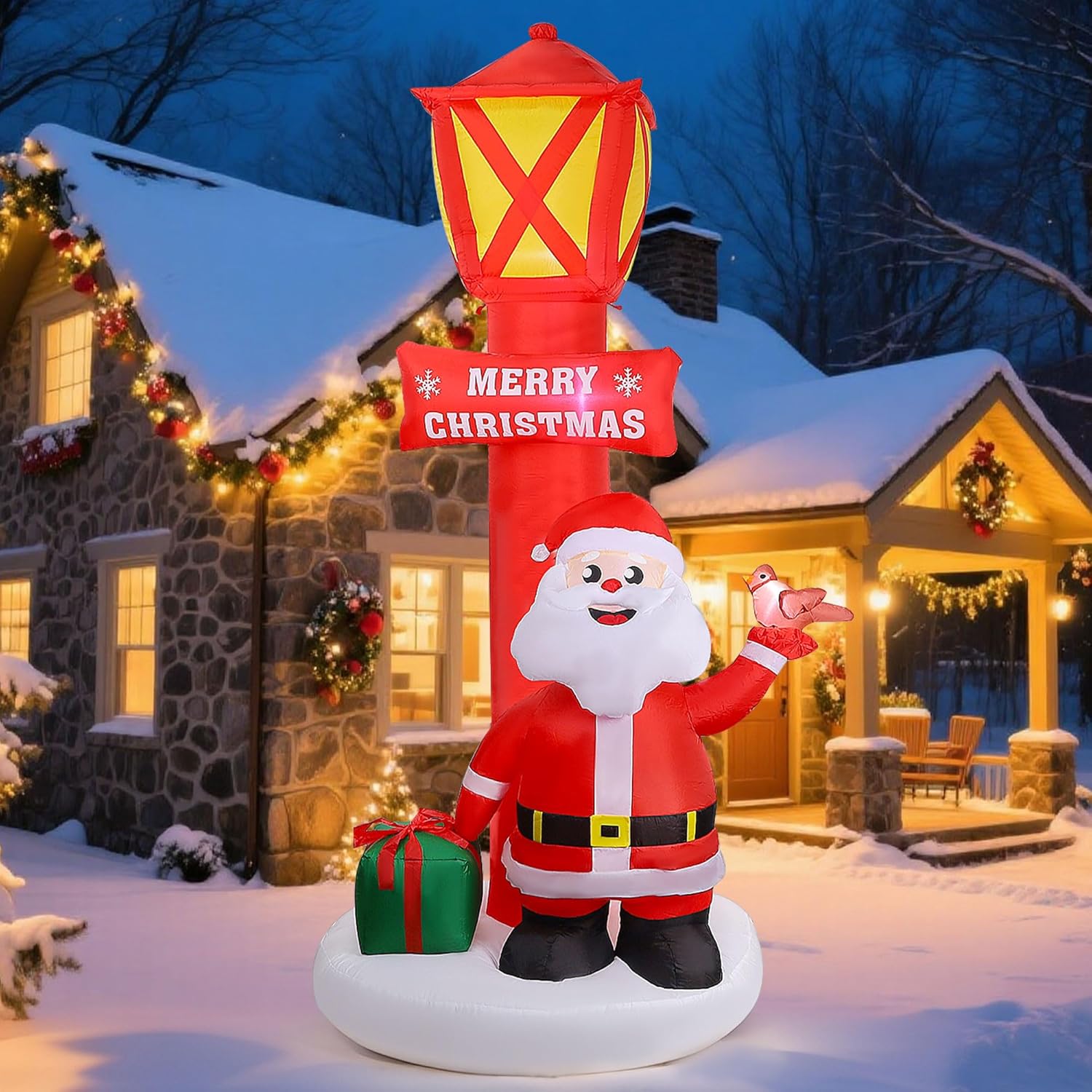 8Ft Christmas Inflatable Yard Decoration, Giant Blow Up Lighthouse With Santa And Redbird With Built-In Led Lights For F