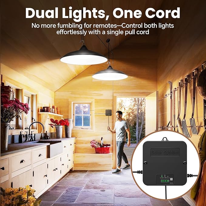 Solar Shed Light Dual Lamp 2000LM Indoor Outdoor Pendant Light with Pull String