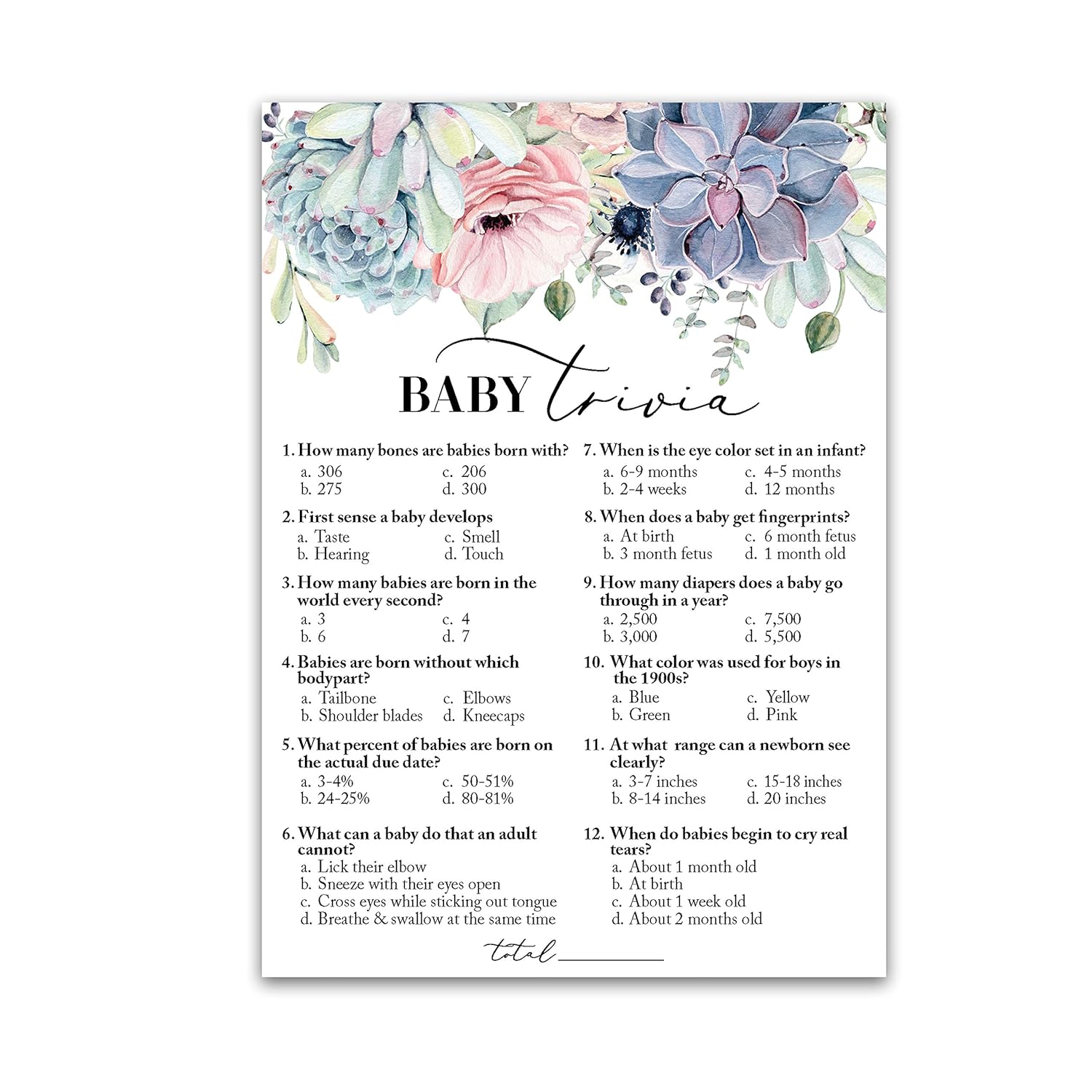 Succulents Baby Shower Game — Baby Trivia Game — 25 Guests — Fun Baby Facts Games Floral Green Succulent Trivia Baby Shower Activity Greenery Rustic Gender Neutral Couples Shower G301-Trv