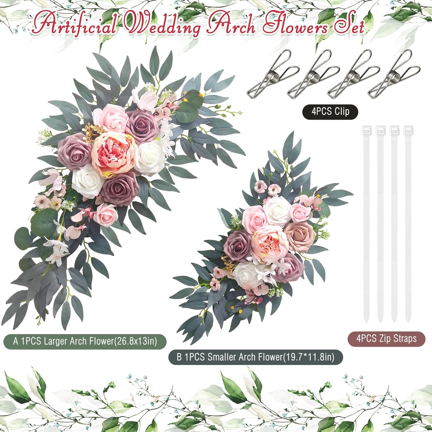 Wedding Arch Flowers (2-Pack), Artificial Dusty Rose Floral Arch Decorations For Weddings Ideal For Wedding Welcome Signage Decorations , Banquet Backdrop Arrangements, And Bridal Parties (Pink)