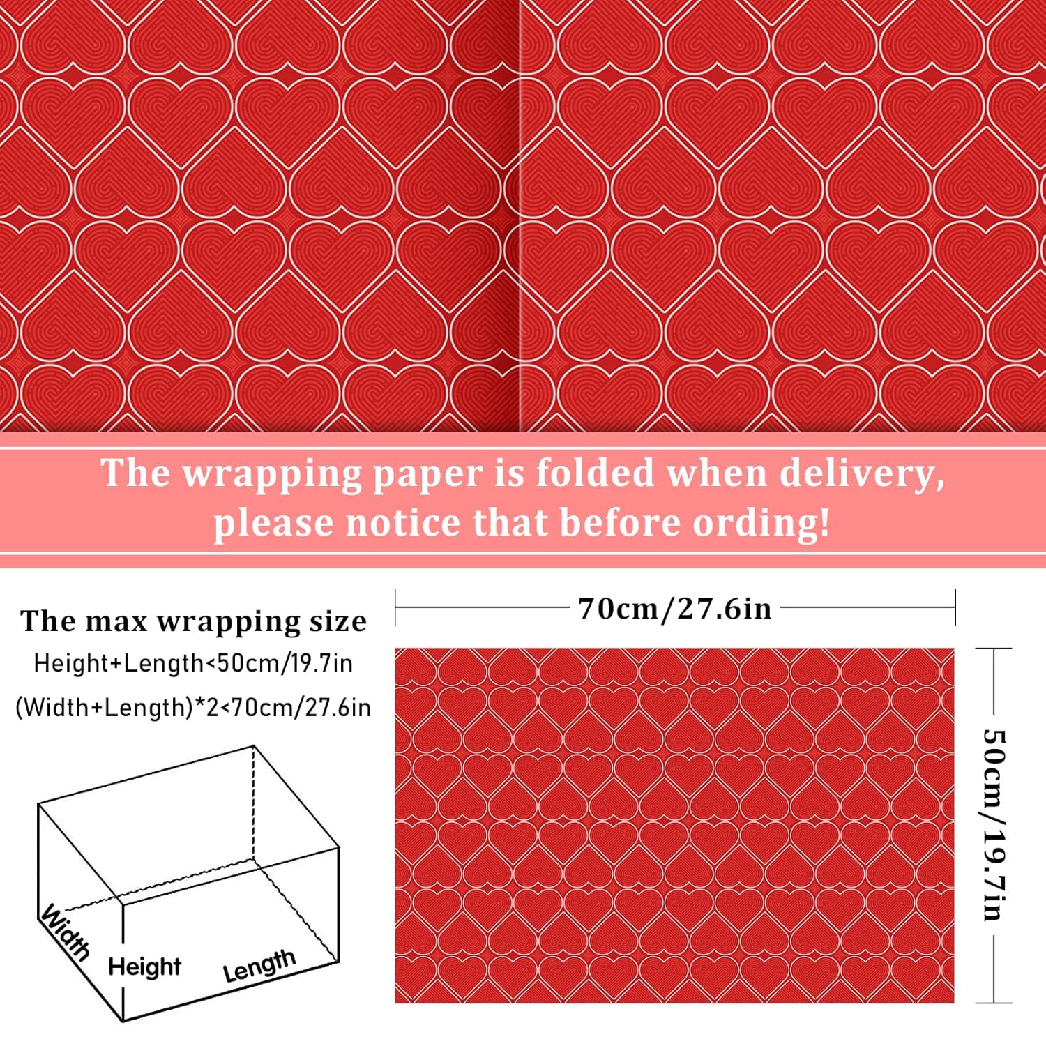 12 Sheet Valentine’S Day Wrapping Paper Love Heart Gnome Fingerprint Gift Wrap Paper Folded Flat Red Diy Craft Art Paper For Birthday Wedding Party Supplies, 19.7 X 27.6 Inch