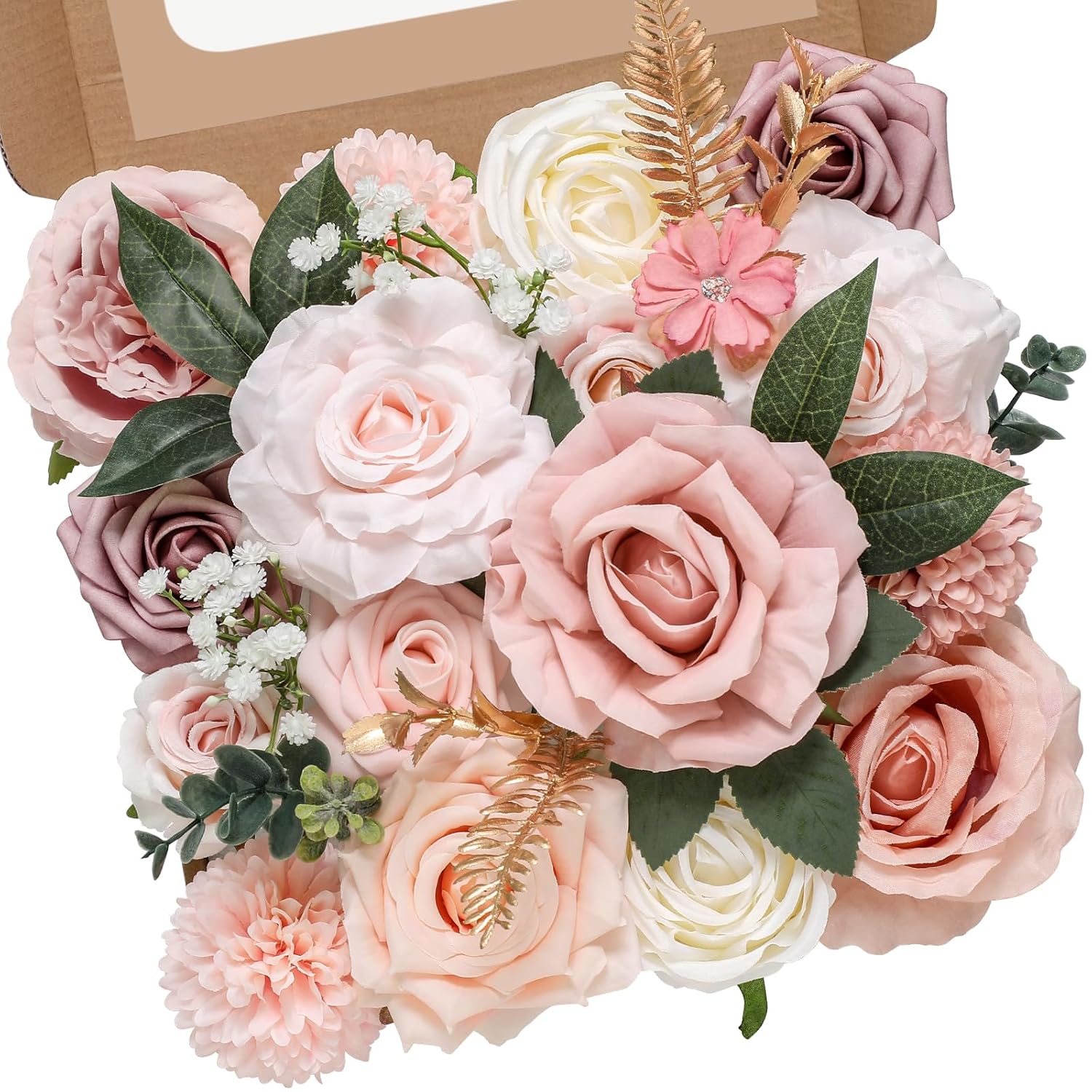 Artificial Flowers Pink Wedding Decor, Pink Flowers Cake Decoration Fake Flowers, Silk Flowers Bridal Bouquets Centerpieces Dusty Rose Flowers Box Diy White Roses Home Decor