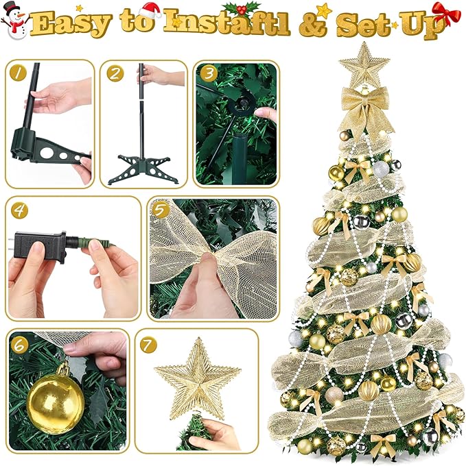 6Ft Pop Up Christmas Tree With Lights, Collapsible Artificial Christmas Tree With 8 Lighting Modes And Timer Remote, Easy Storage, Pre-Lit Xmas Tree For Home Office Apartment Party Holiday Decor