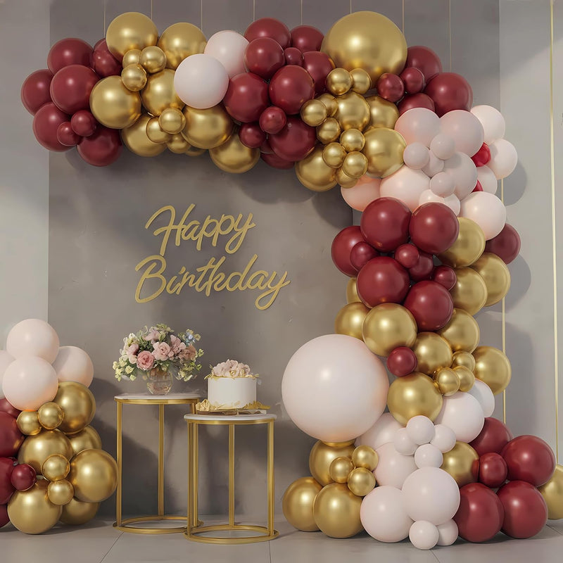 Burgundy Maroon Balloon Garland Arch Kit, 114Pcs Burgundy Gold And Cre