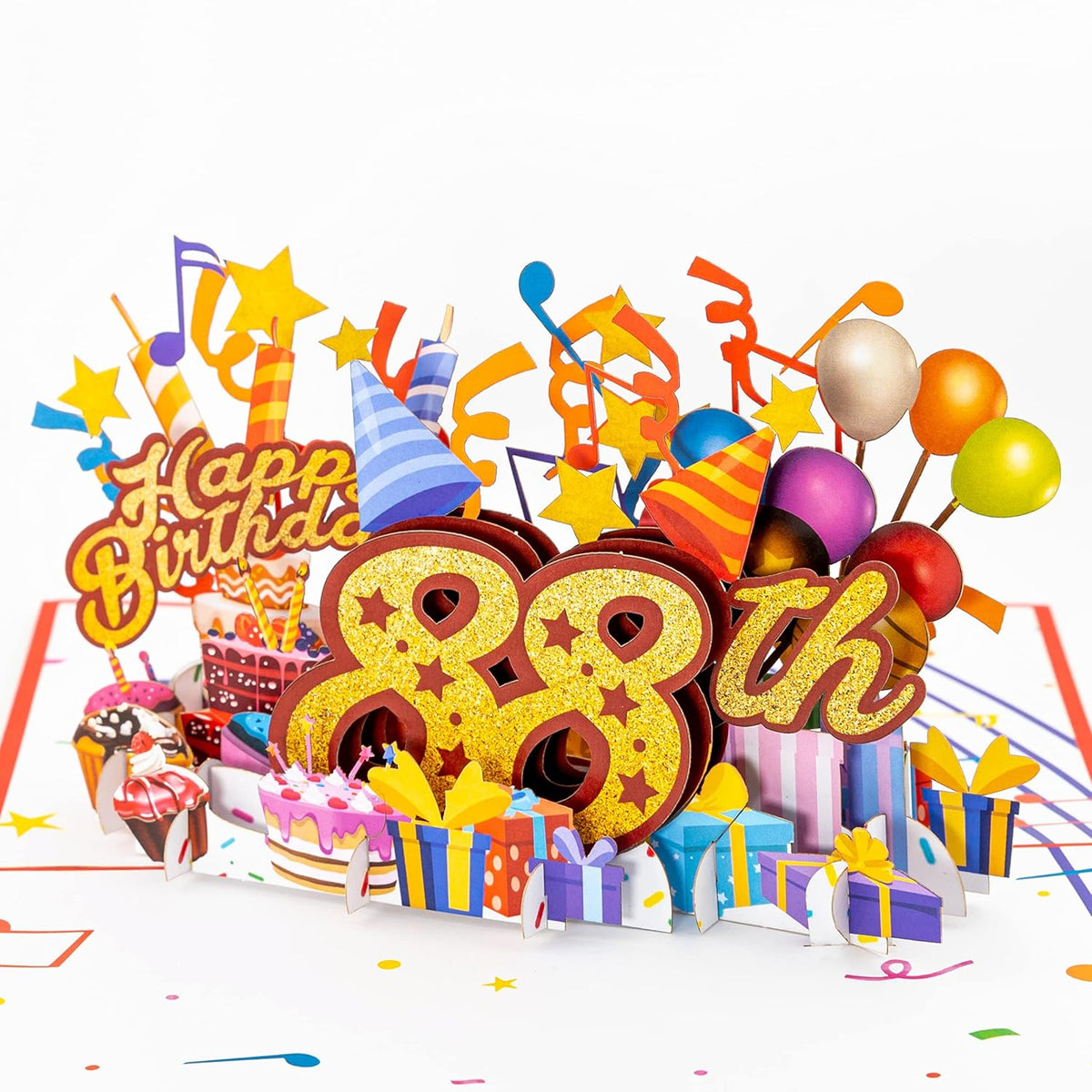3D Pop Up Happy 88Th Birthday Card – Red Design With Glitter Numbers, Balloons, Cakes & Gifts – Unique Bday Card For Dad, Mom, Husband, Wife, Man Or Woman – 5" X 7"