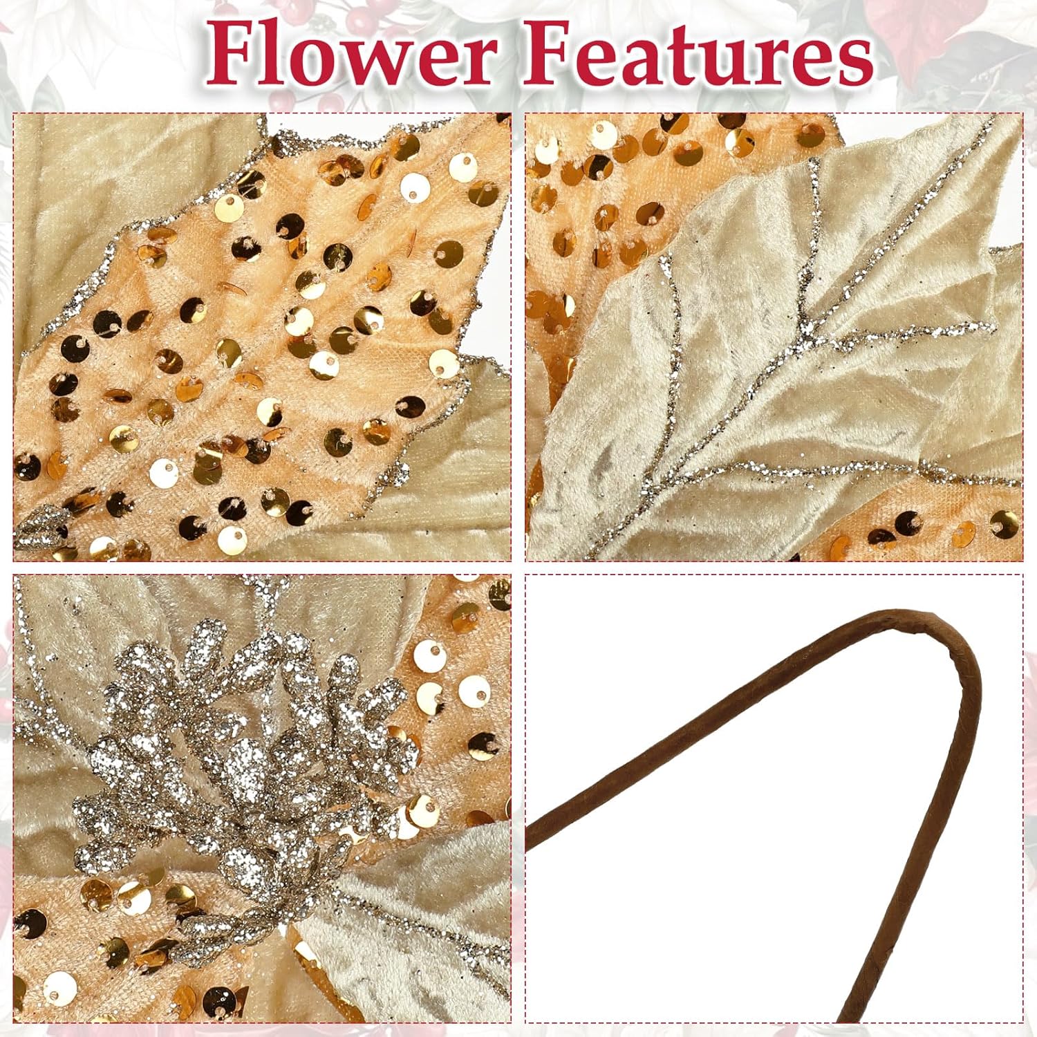 6Pcs Glitter Christmas Flowers 12 Inch Large Velvet Poinsettia Artificial Christmas Flowers Velvet Poinsettia Floral Picks Stems For Xmas Tree Decorations Wreaths Garland Wedding - Champagne