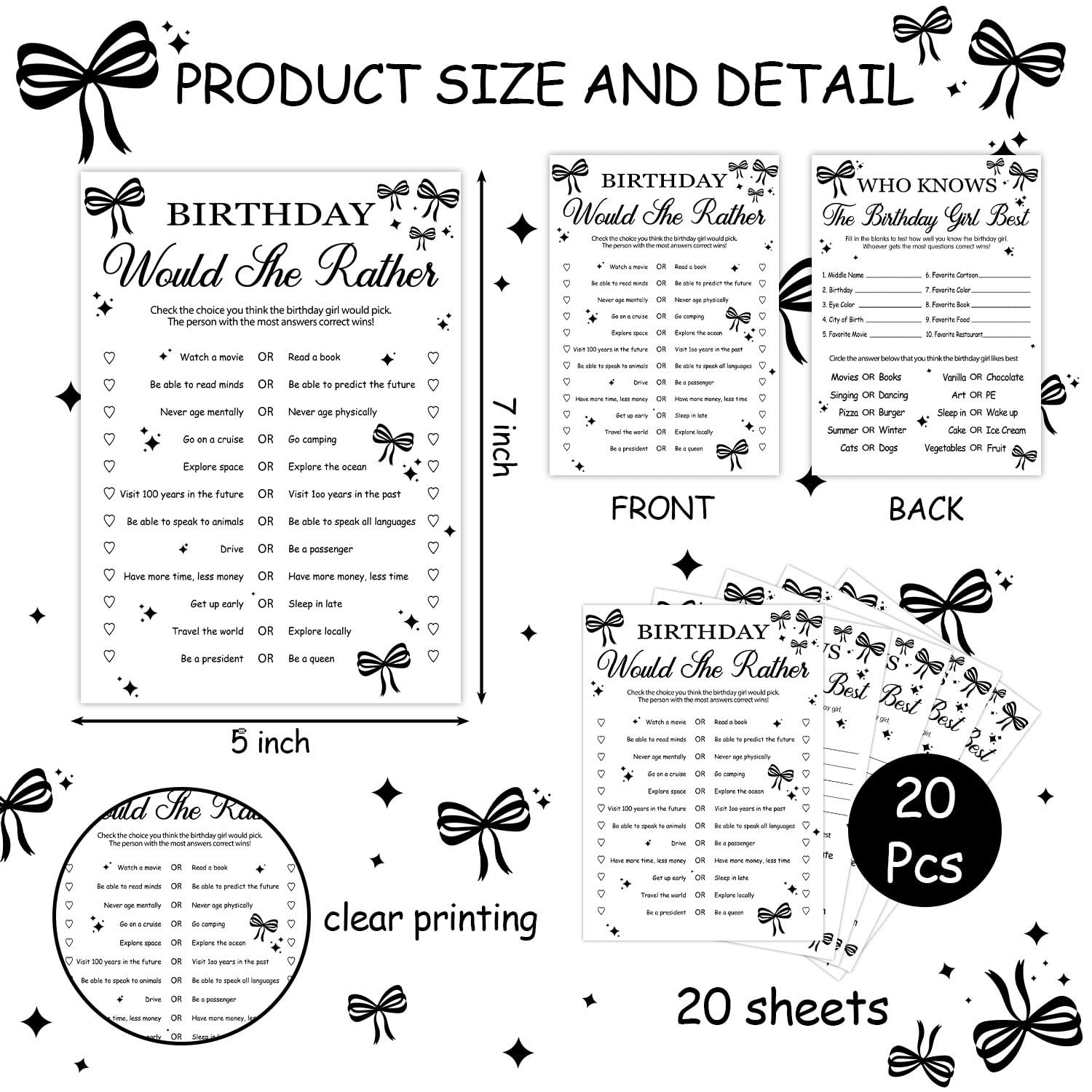 Who Knows The Birthday Girl Best - Birthday Party Games, Black Bow Themed Sleepover Slumber Party Supplies, Funny Game Cards For Girls Her Sleepover Parties