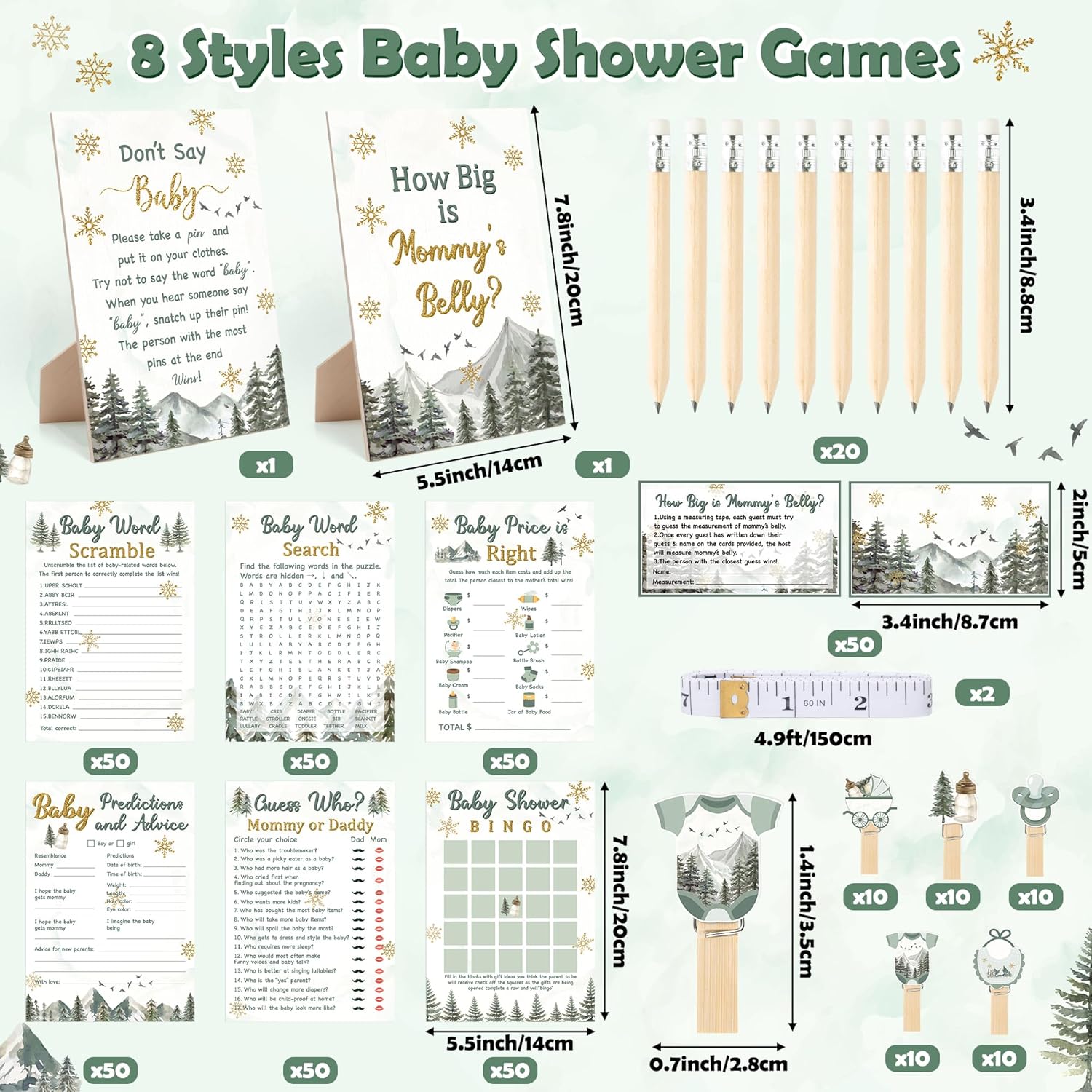 424Pcs Winter Baby Shower Game Set-8 Games Baby It'S Cold Outside Winter Wonderland Snowflake Decorations, Includes Bingo Word Scramble Fun & Easy To Play How Big Is Mommy'S Belly, Don'T Say The Word