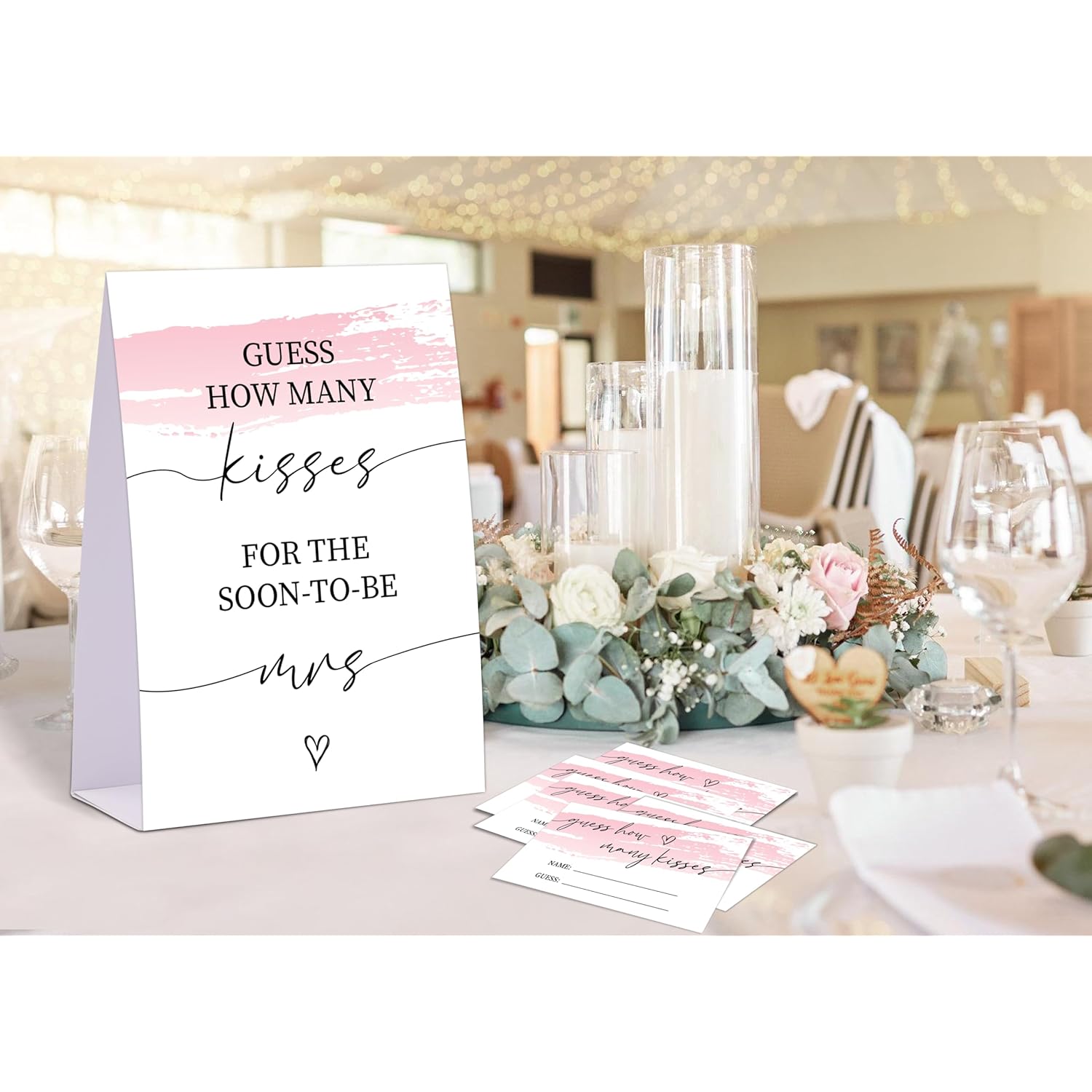 Pink Swash Bridal Shower Game, Guess How Many Kisses For The Soon To Be Mrs, Pack Of 1 Sign And 50 Guessing Cards, Modern Bridal Shower Decorations, Wedding Shower Supplies - 05