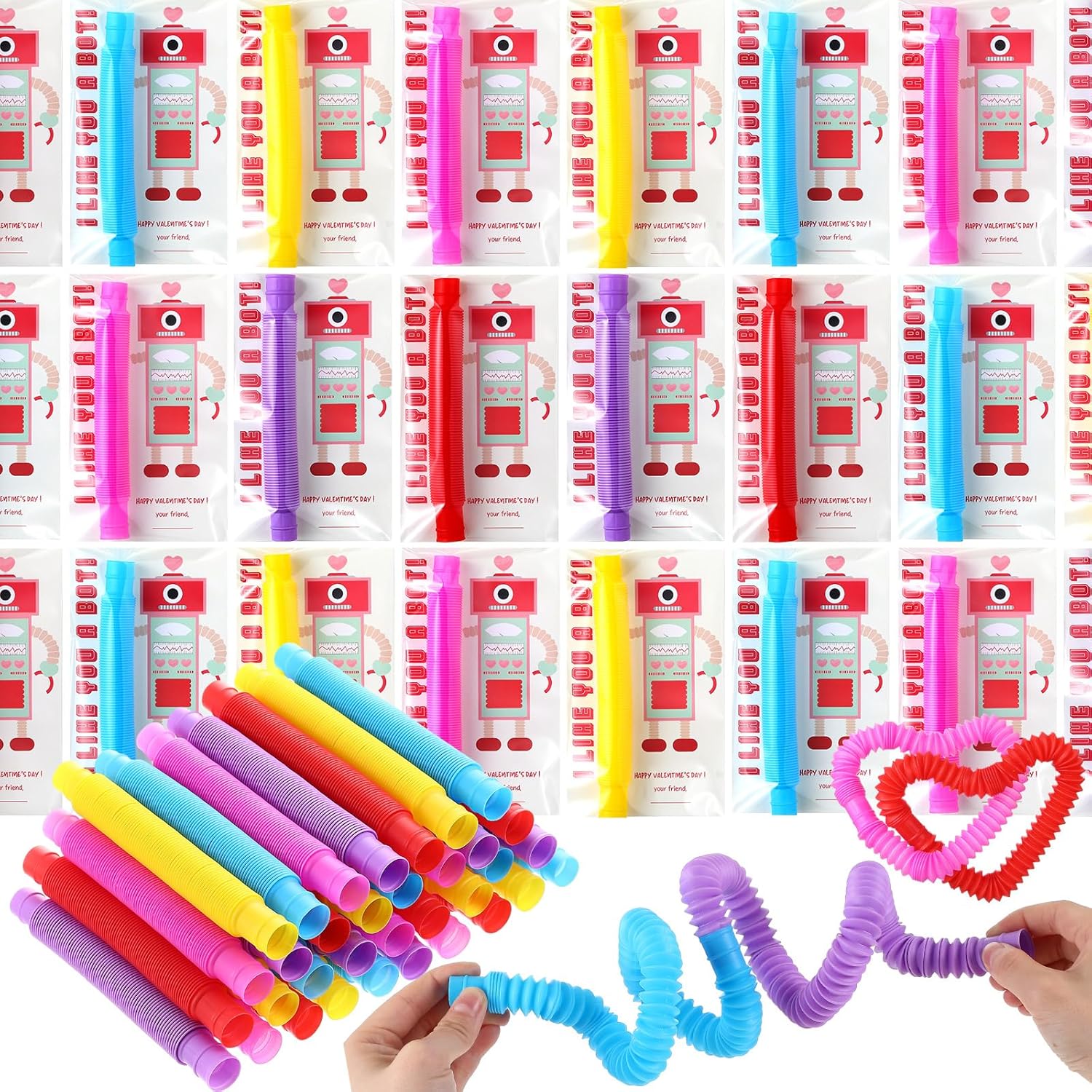 50 Sets Valentine‘S Day Cards With Pop Tubes Valentines Party Gifts Cards Stress Relief Fidget Gifts For Non Candy Exchange
