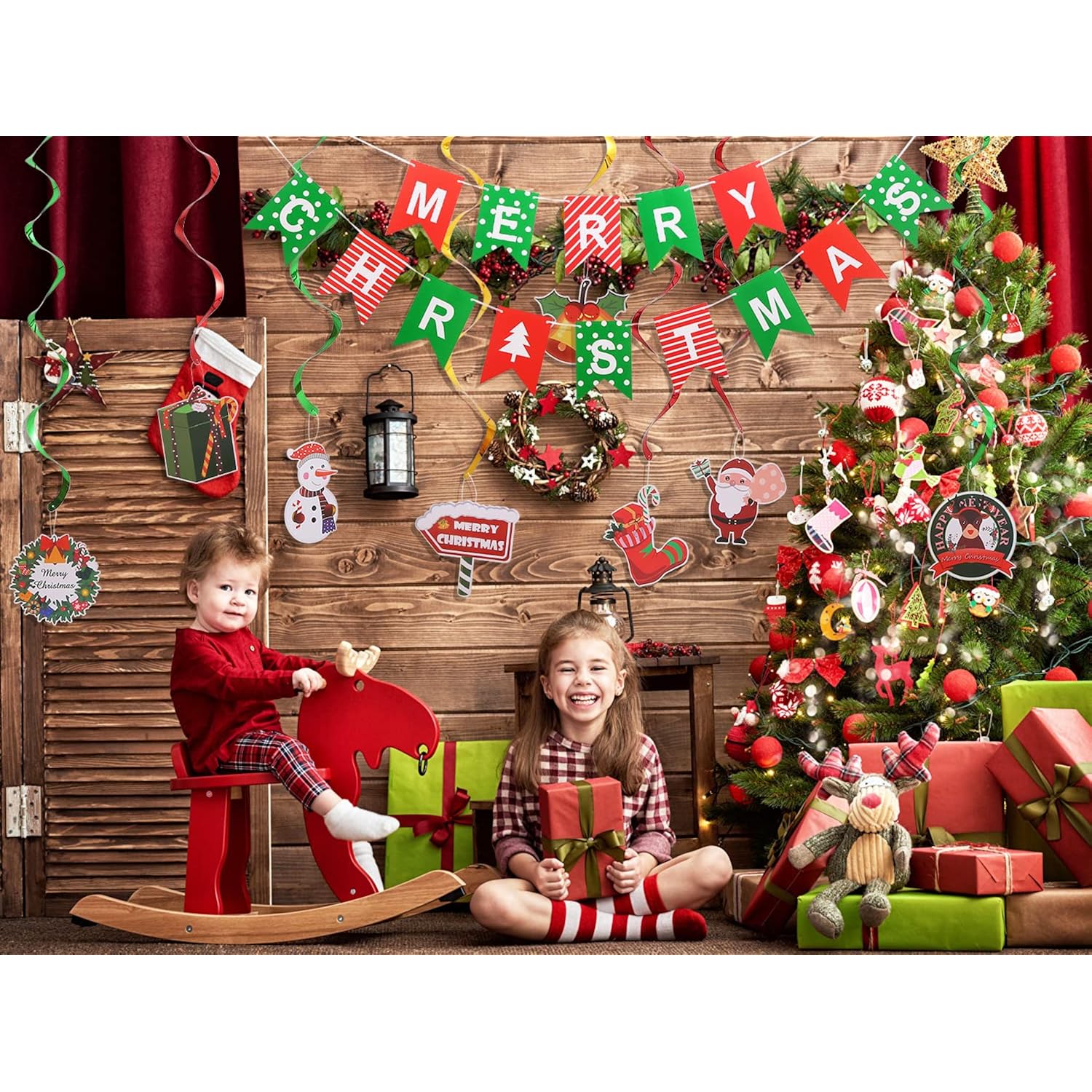 Merry Christmas Banner, Pennant Flags Garland & Hanging Swirls - Red Green, 10" X 4" - Christmas Party Decor