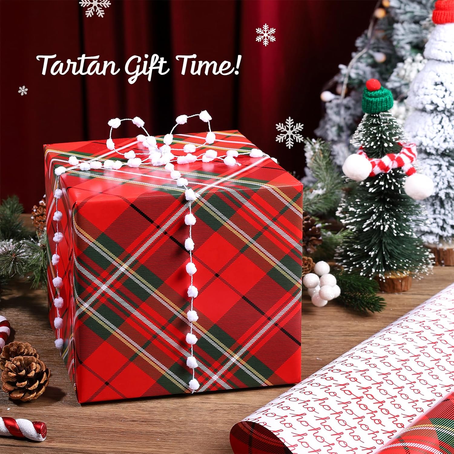 Reversible Christmas Wrapping Paper - 17 Inch X 33 Feet (46.7 Sq. Ft. Ttl.) - Red Tartan Plaid And Hoho Design Perfect For Xmas, Party, Holiday Gift Wrap