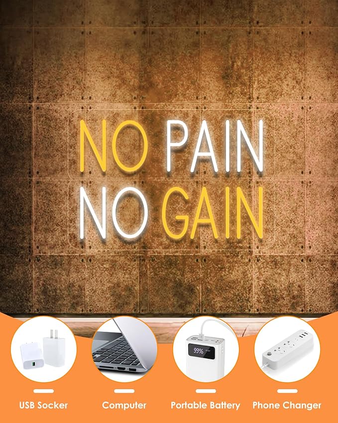No Pain No Gain Neon Sign Yellow LED Wall Light USB Gym Motivational Room Decor