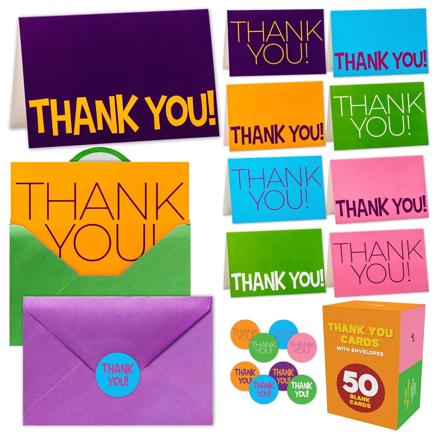 50 Pack Thank You Cards With Envelopes And Stickers, 4 X 6 Inch Blank Kids Thank You Notes | Appreciation Cards, Bulk Boxed Set For Students From Teachers, Birthdays, Small Business