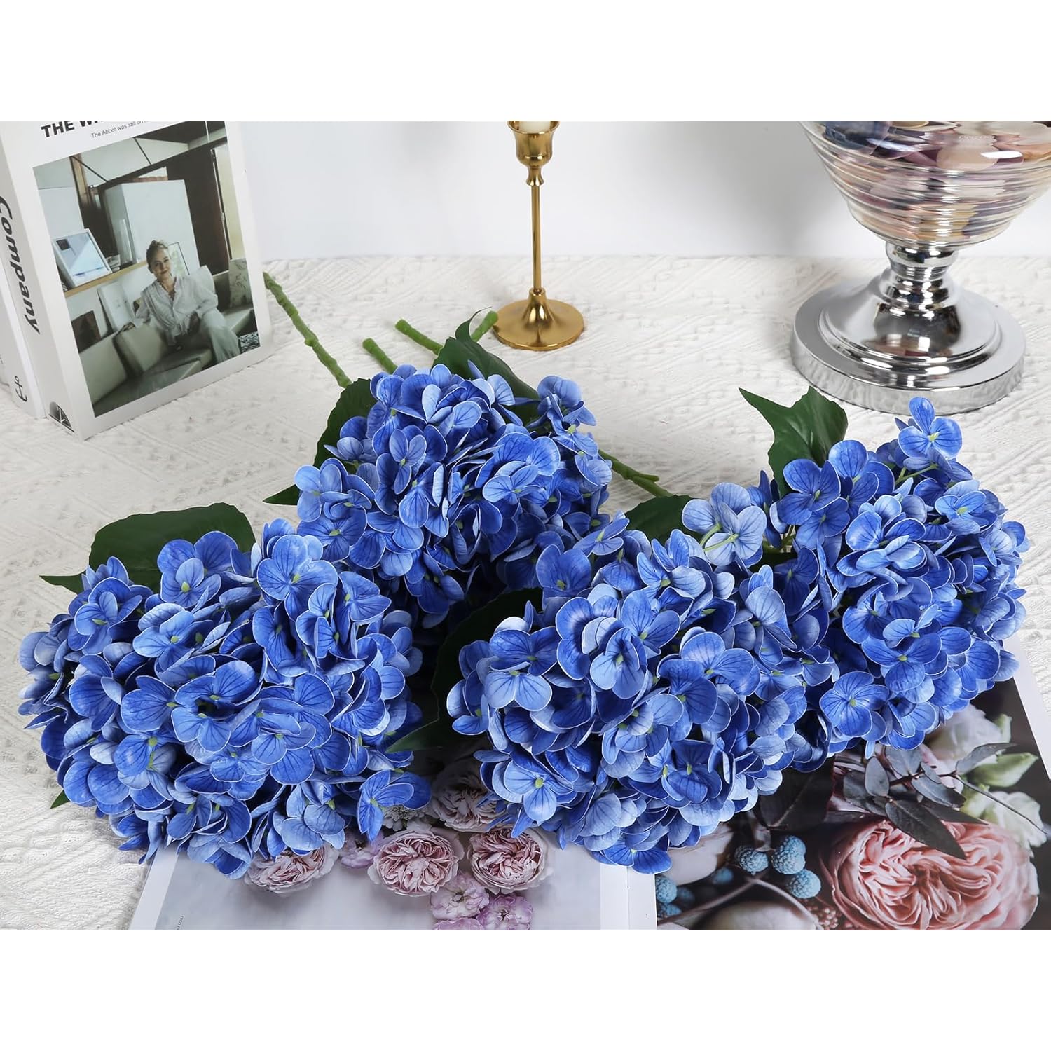 4Pcs Real Touch Blue Hydrangea Artificial Flowers 21'' Large Latex Fake Hydrangea Flowers Faux Hydrangea With Stem For Wedding Home Table Centerpieces Indoor Baby Shower Decorations (Royal Blue)