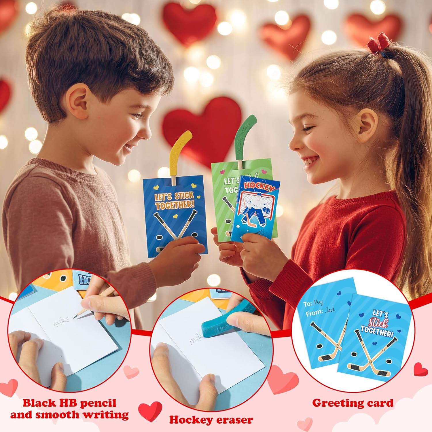 Valentine’S Day Hockey Exchange Gifts - 24 Set Sport Theme Hockey Greeting Cards With Pencil And Eraser For Kids Mini Notebooks Giveaways For Classmates School Classroom Birthday Party Favors