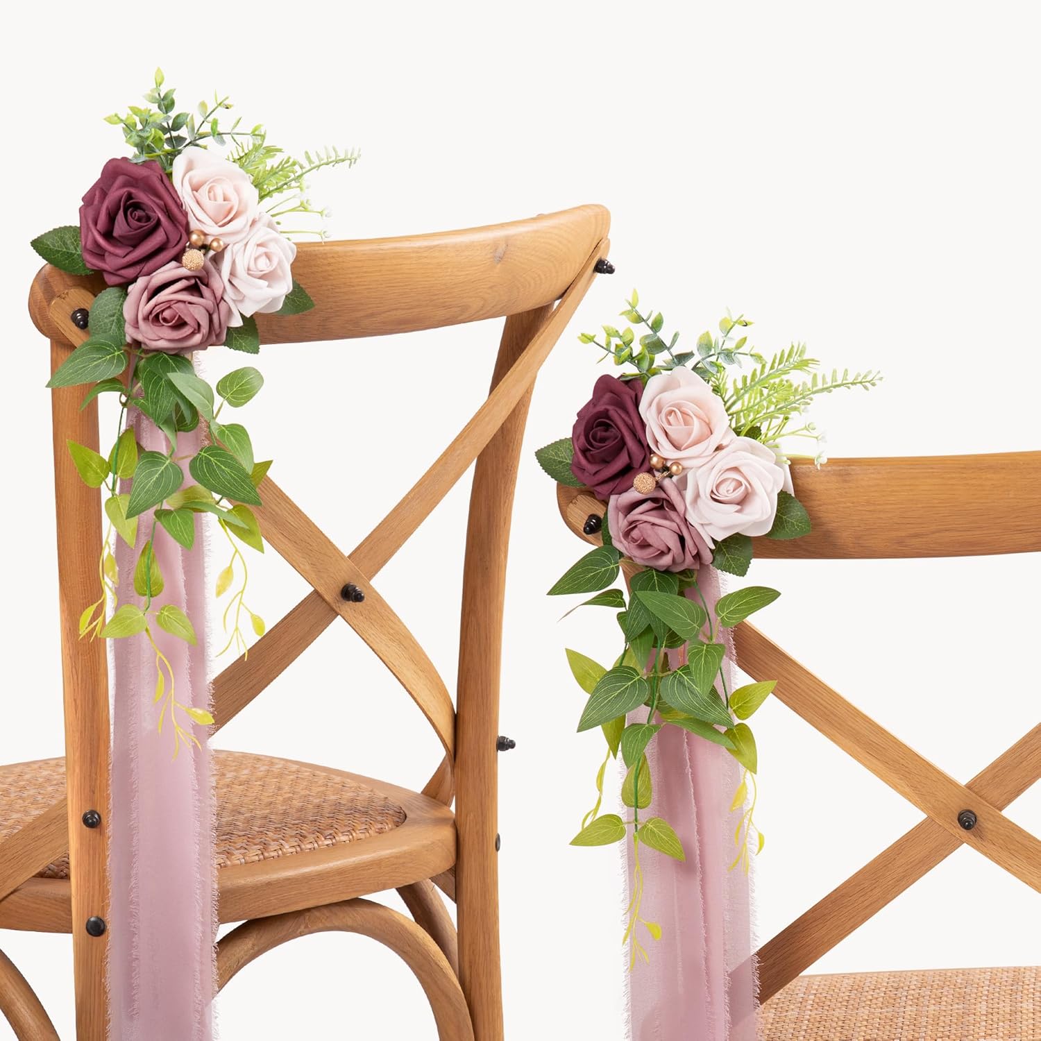Wedding Aisle Decorations Mauve Pew Flowers Set Of 10 For Wedding Ceremony Party Chair Decor With Artificial Flowers Eucalyptus And Ribbons