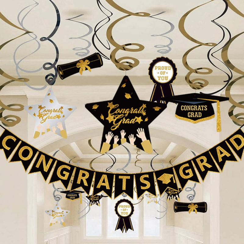 Graduation Hanging Swirl Banner Decorations, Black Gold Silver Star Ba