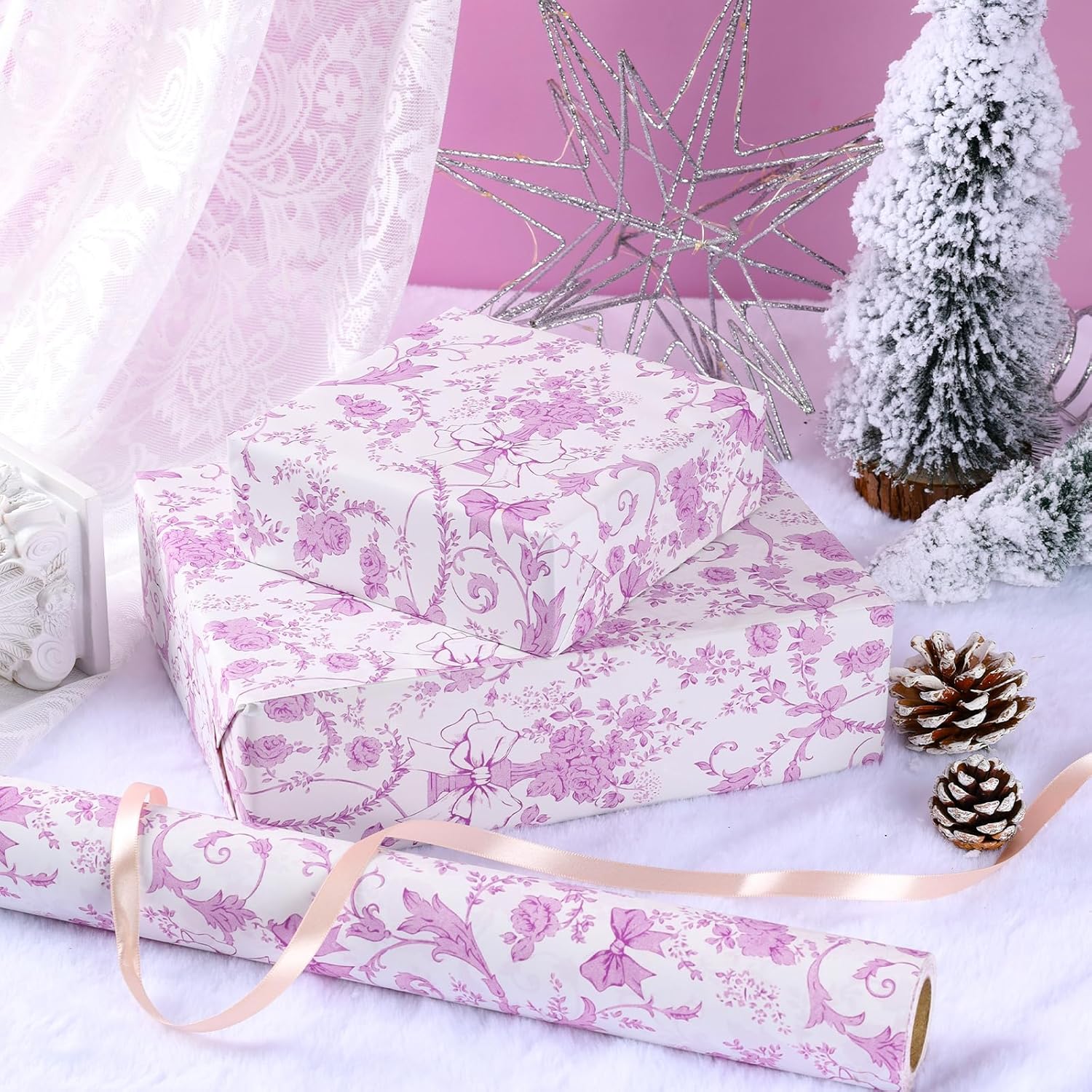 Pink Bow Floral Wrapping Paper Roll – 17 Inch X 33 Feet, Vintage Toile Stone Paper Design For Valentine'S Day, Wedding, Baby Girl Shower, Bridal Shower