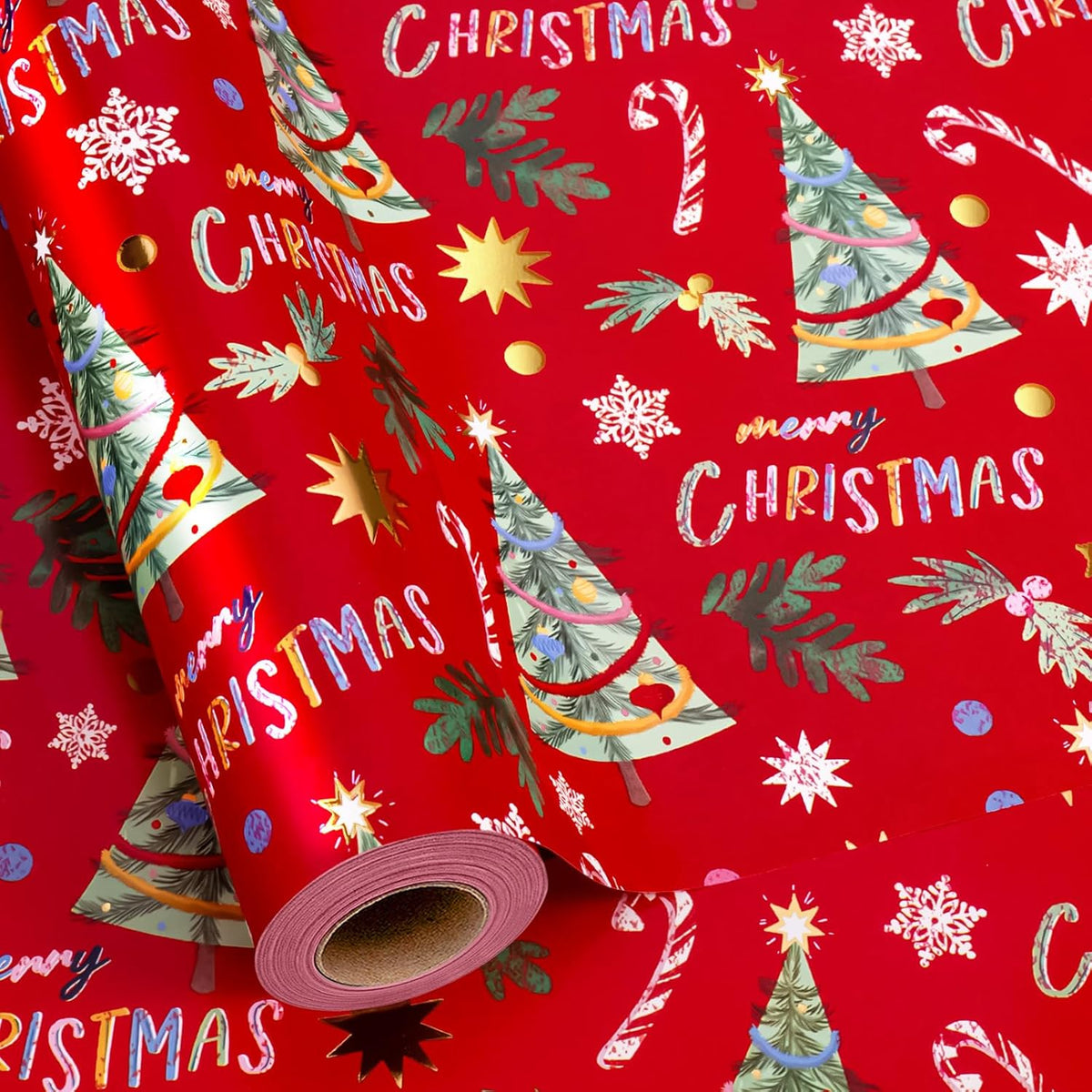 Vinage Christmas Wrapping Paper Roll, Red Wrapping Paper, Gold Foil Elegant Deep Red Christmas Tree Theme Festive Holiday Gift Wrap For Winter Celebrations, Seasonal Decor(17Inch X 33Feet)