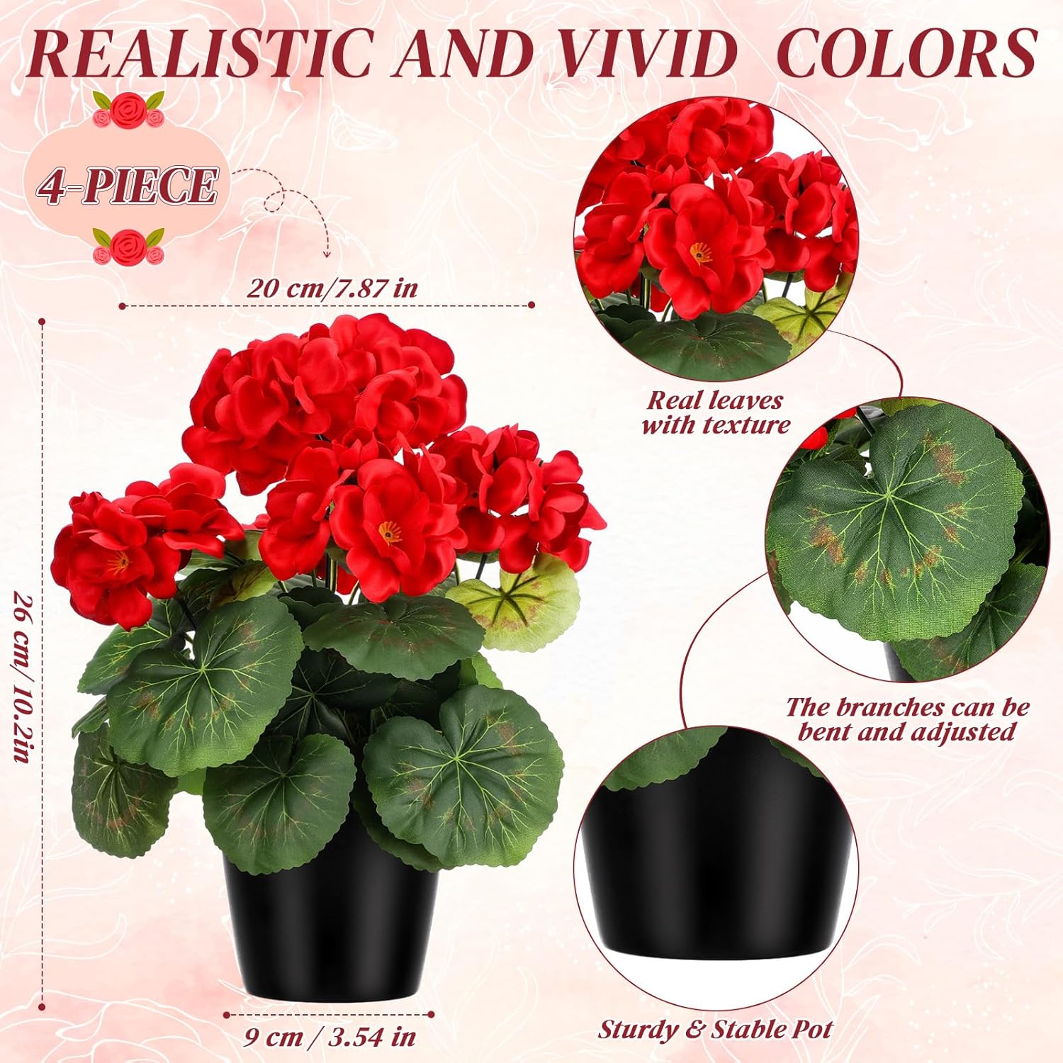 4 Pack Artificial Geranium Flowers For Outdoors Red Silk Flower Uv Resistant Fake Plants Realistic Faux Flowers Outside For Home Kitchen Garden Patio Table Centerpiece (Red)
