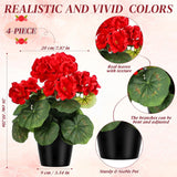 4 Pack Artificial Geranium Flowers For Outdoors Red Silk Flower Uv Resistant Fake Plants Realistic Faux Flowers Outside For Home Kitchen Garden Patio Table Centerpiece (Red)