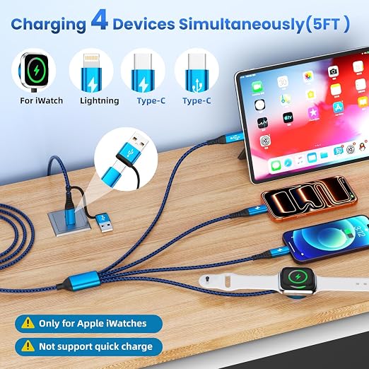 5FT 4 in 2 Multi Charging Cable with Apple Watch Charger USB C Lightning for iPhone Android
