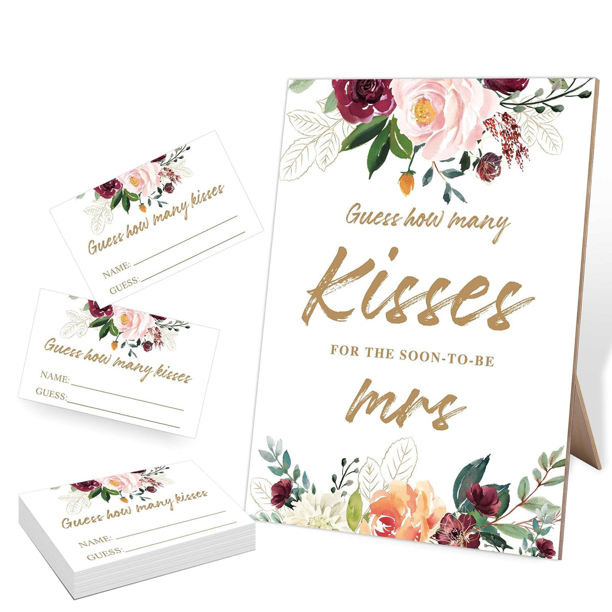 Guess How Many Kisses Bridal Shower Game, 5X8 Burgundy Floral Style Sign & 50 Cards, Wedding Decor, Wedding Shower Games For Bridal Shower, Engagement Party, Bachelorette Party Night, 2